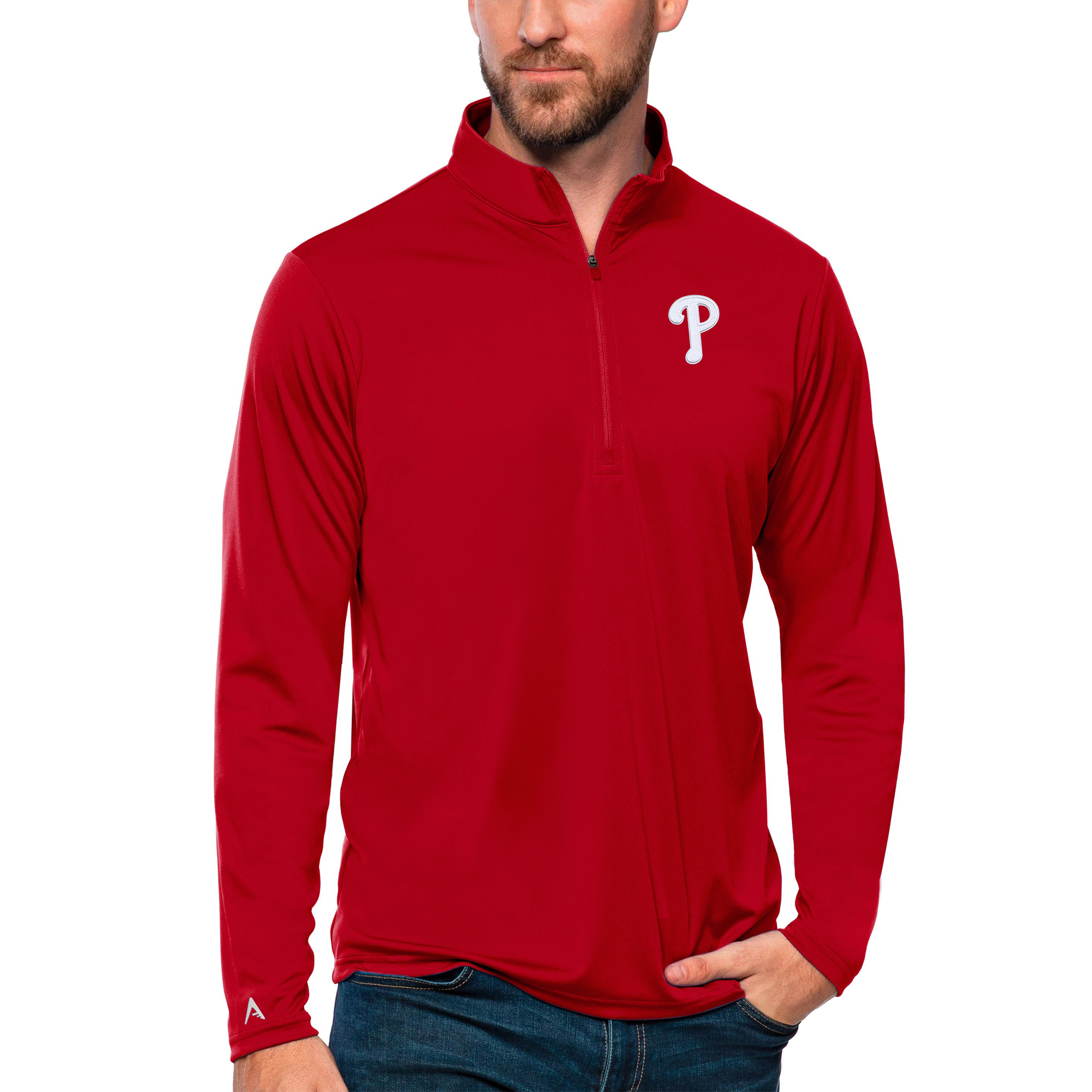 Men’s Antigua Red Philadelphia Phillies Tribute Quarter-Zip Pullover Top Men’s Antigua Red Philadelphia Phillies Tribute Quarter-Zip Pullover Top