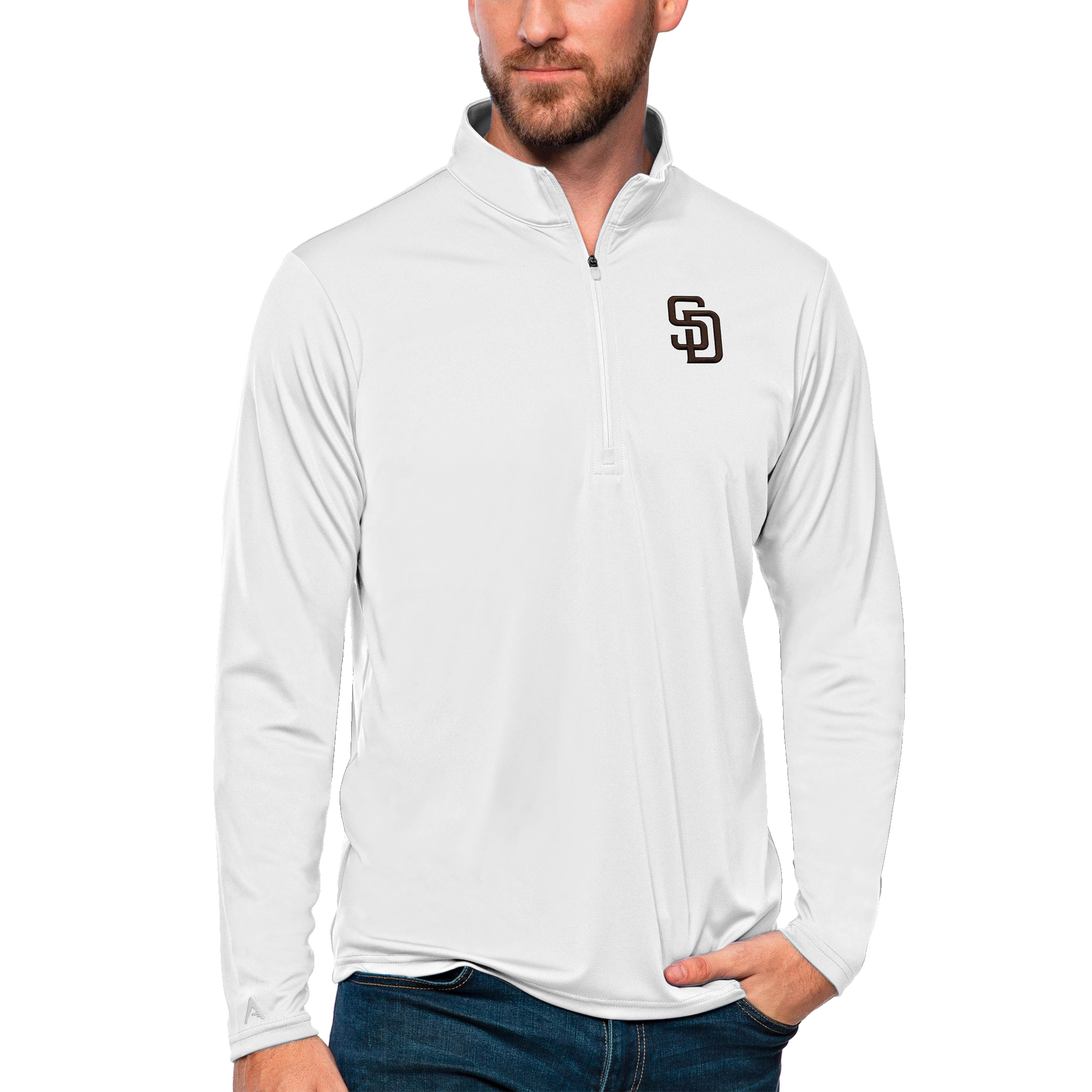 Men’s Antigua White San Diego Padres Tribute Quarter-Zip Pullover Top Men’s Antigua White San Diego Padres Tribute Quarter-Zip Pullover Top