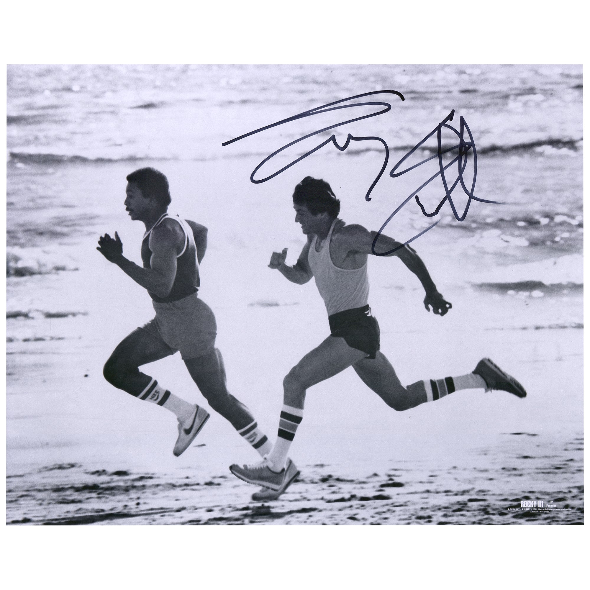 Sylvester Stallone Rocky III Autographed 16'' x 20'' Running with Apollo on the Beach Photograph