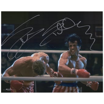 Sylvester Stallone Rocky IV Autographed 16'' x 20'' Punching Drago Photograph