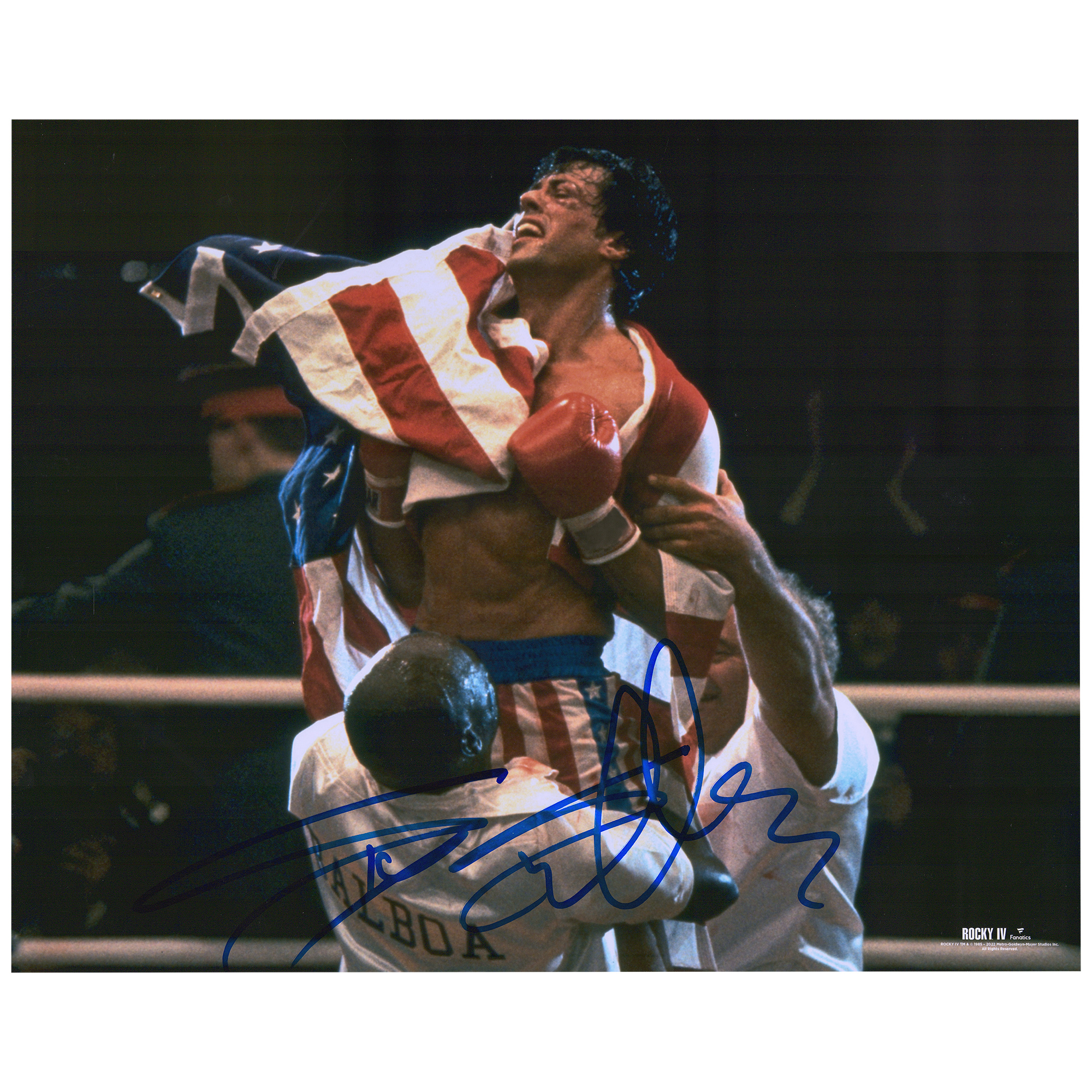 Sylvester Stallone Rocky IV Autographed 16'' x 20'' Draped in the American Flag Photograph