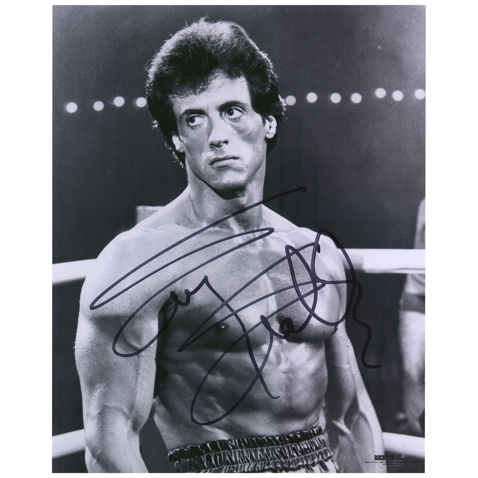Sylvester Stallone Rocky IV Autographed 16'' x 20'' Black & White Close Up in Ring Photograph