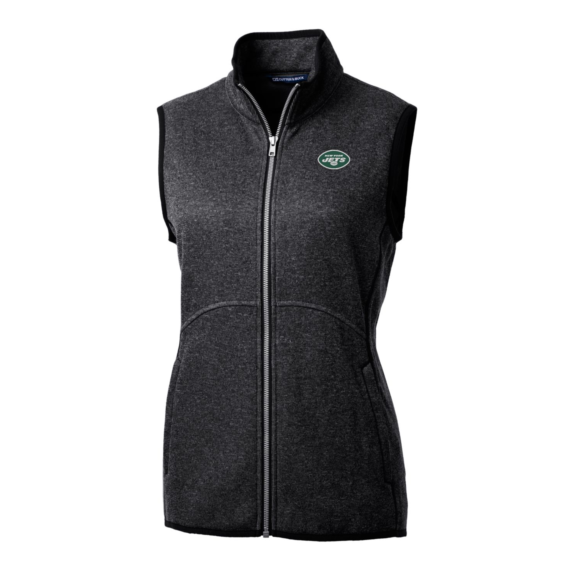 Women's Cutter & Buck Heathered Charcoal New York Jets Mainsail Sweater-Knit Full-Zip Vest