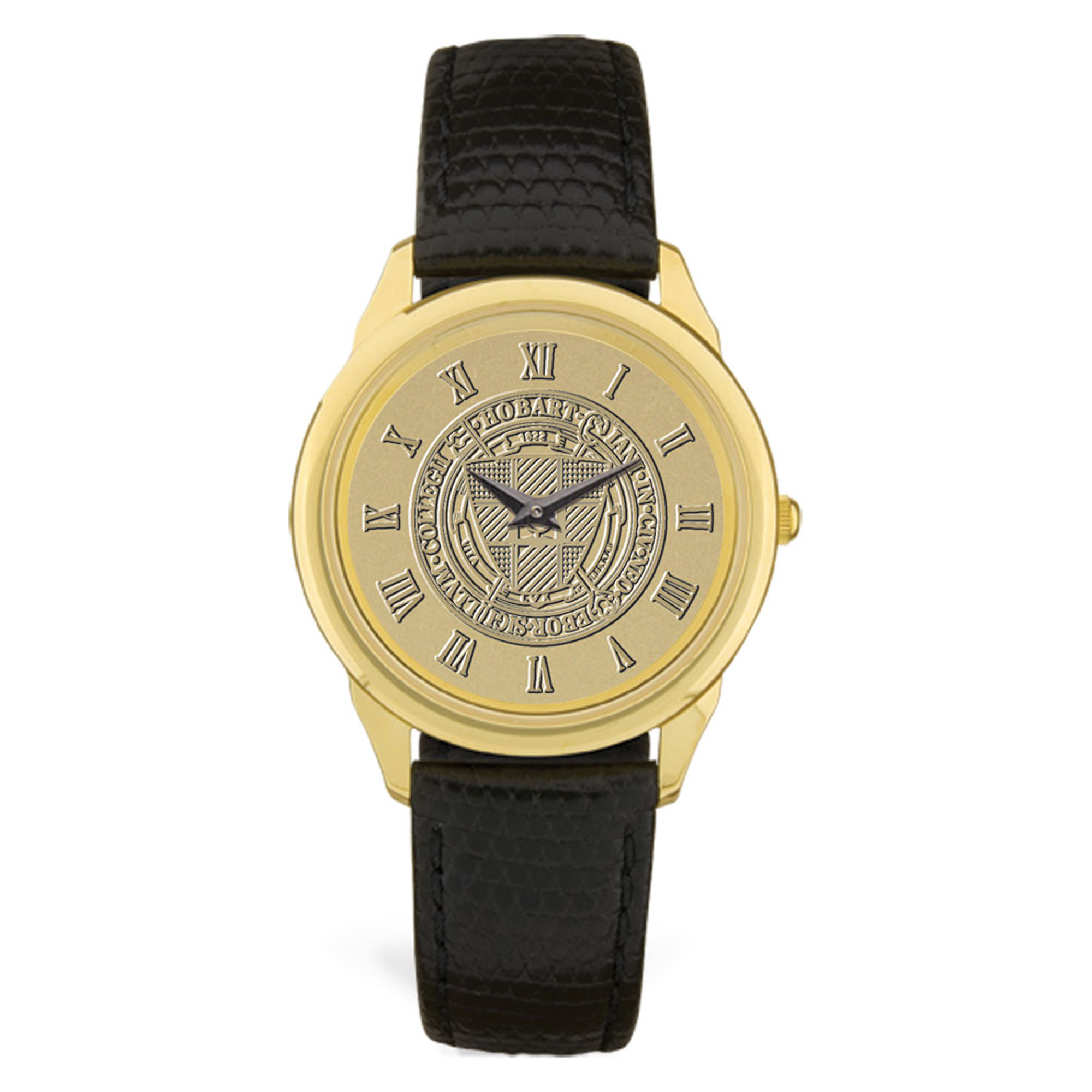 Men's Gold Hobart & William Smith Colleges Shield Logo Medallion Leather Wristwatch
