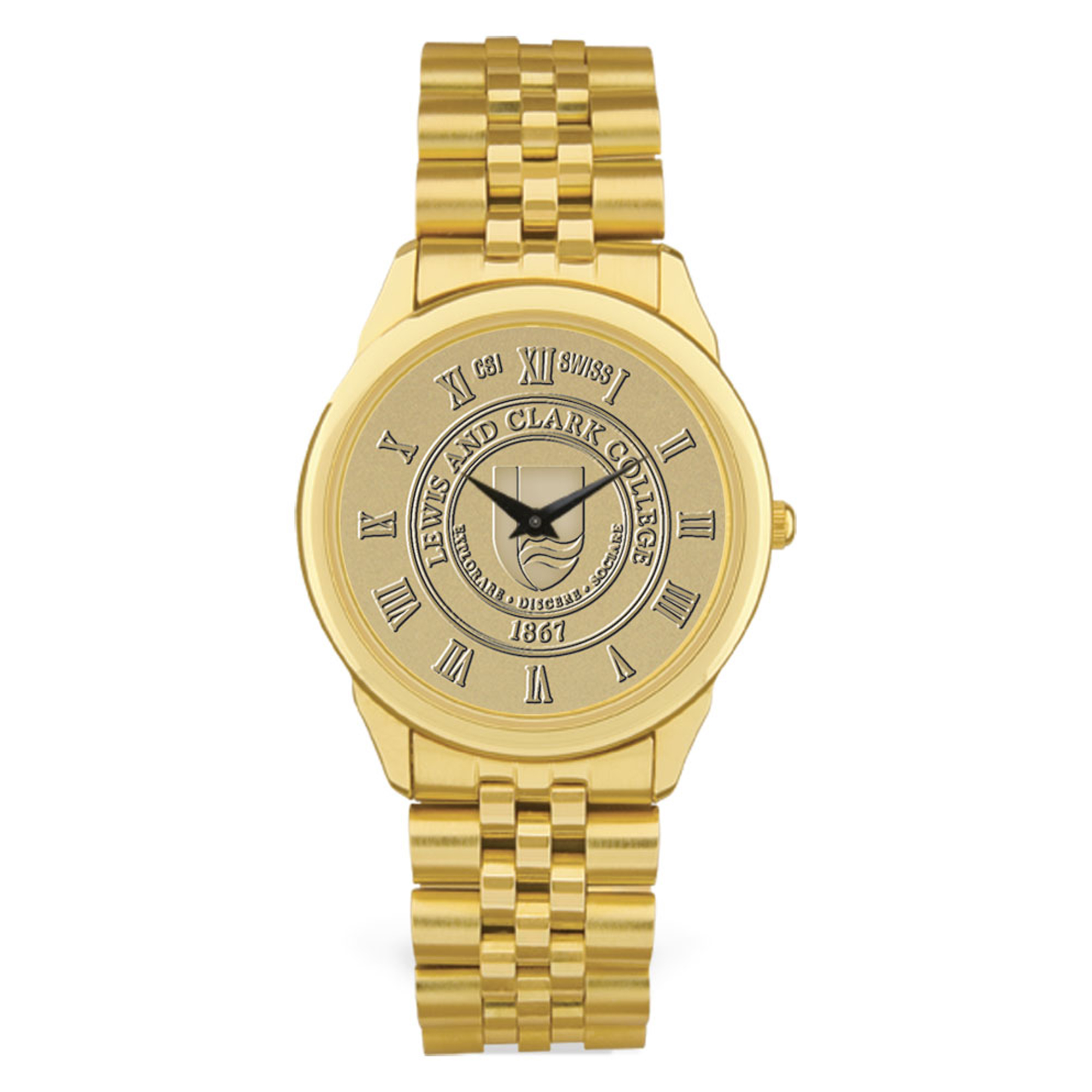 Gold Lewis & Clark College Pioneers Medallion Rolled Link Bracelet Wristwatch