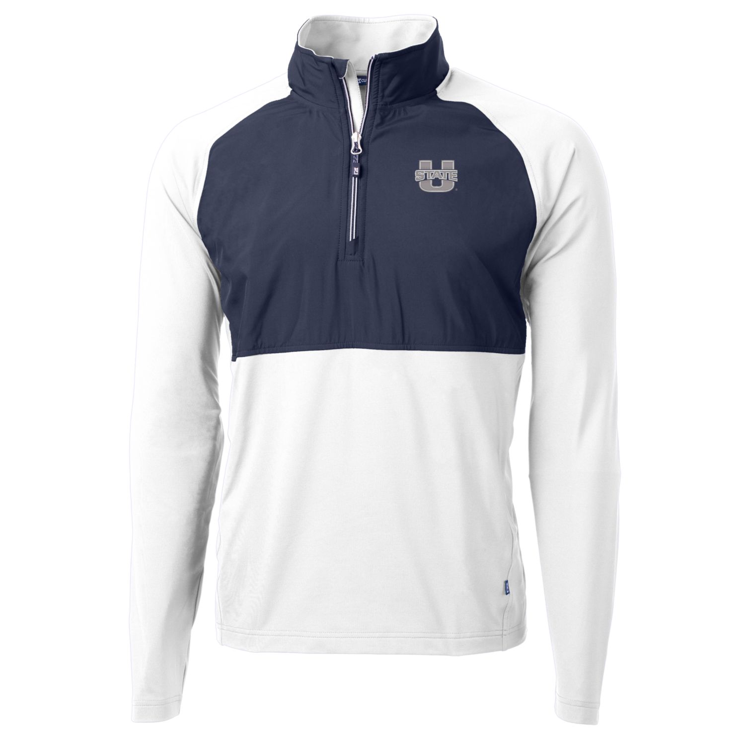 Men’s Cutter & Buck White/Navy Utah State Aggies Adapt Eco Knit Hybrid Recycled Quarter-Zip Pullover Top Men’s Cutter & Buck White/Navy Utah State Aggies Adapt Eco Knit Hybrid Recycled Quarter-Zip Pullover Top