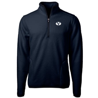Men's Cutter & Buck Navy BYU Cougars Team Logo Cascade Eco Sherpa Fleece Quarter-Zip Pullover Jacket