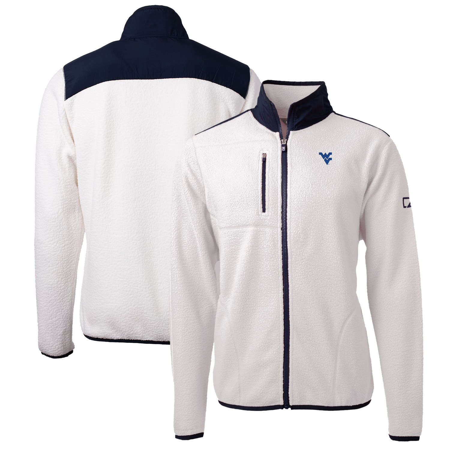 Men's Cutter & Buck White/Navy West Virginia Mountaineers Big & Tall Cascade Eco Sherpa Fleece Full-Zip Jacket