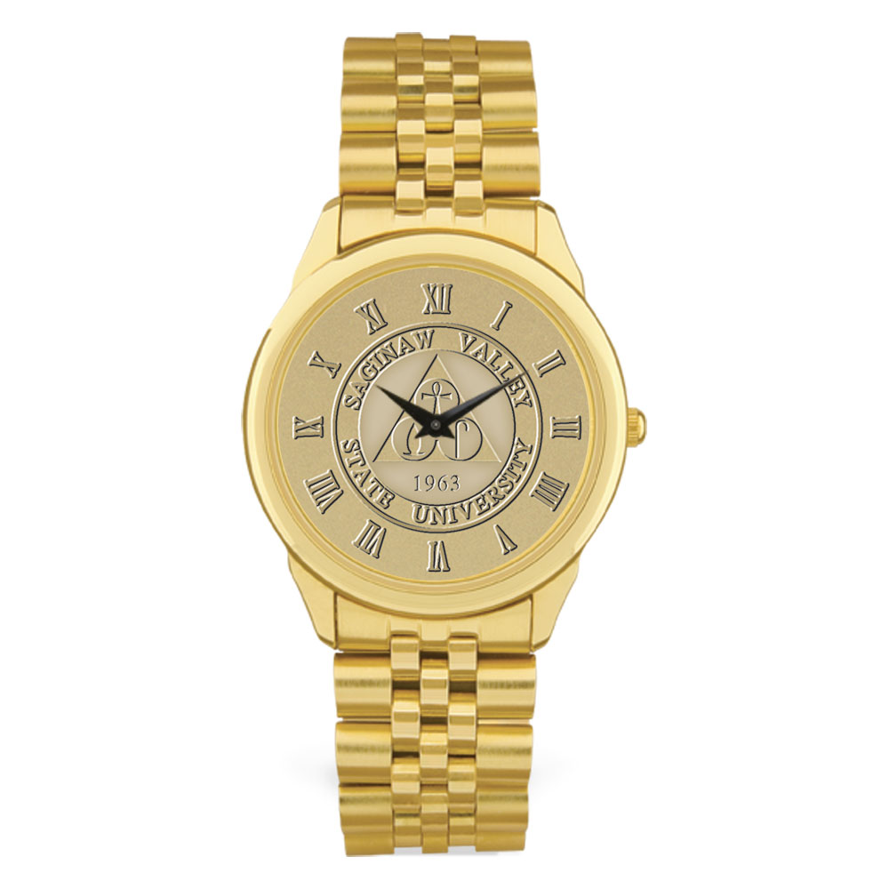 Men's Gold Saginaw Valley State Cardinals Medallion Rolled Link Bracelet Wristwatch