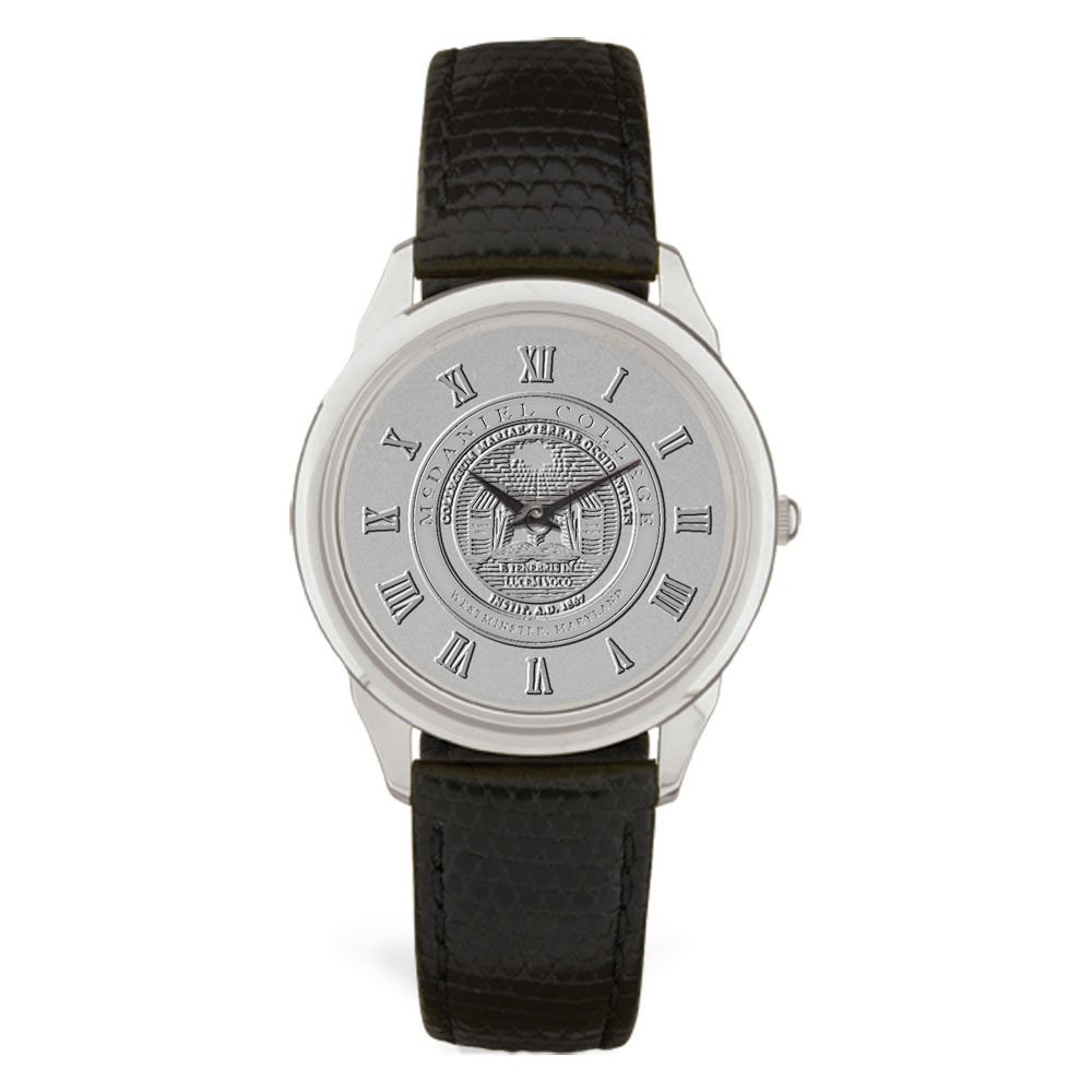 Men's Silver McDaniel Green Terror Medallion Black Leather Wristwatch