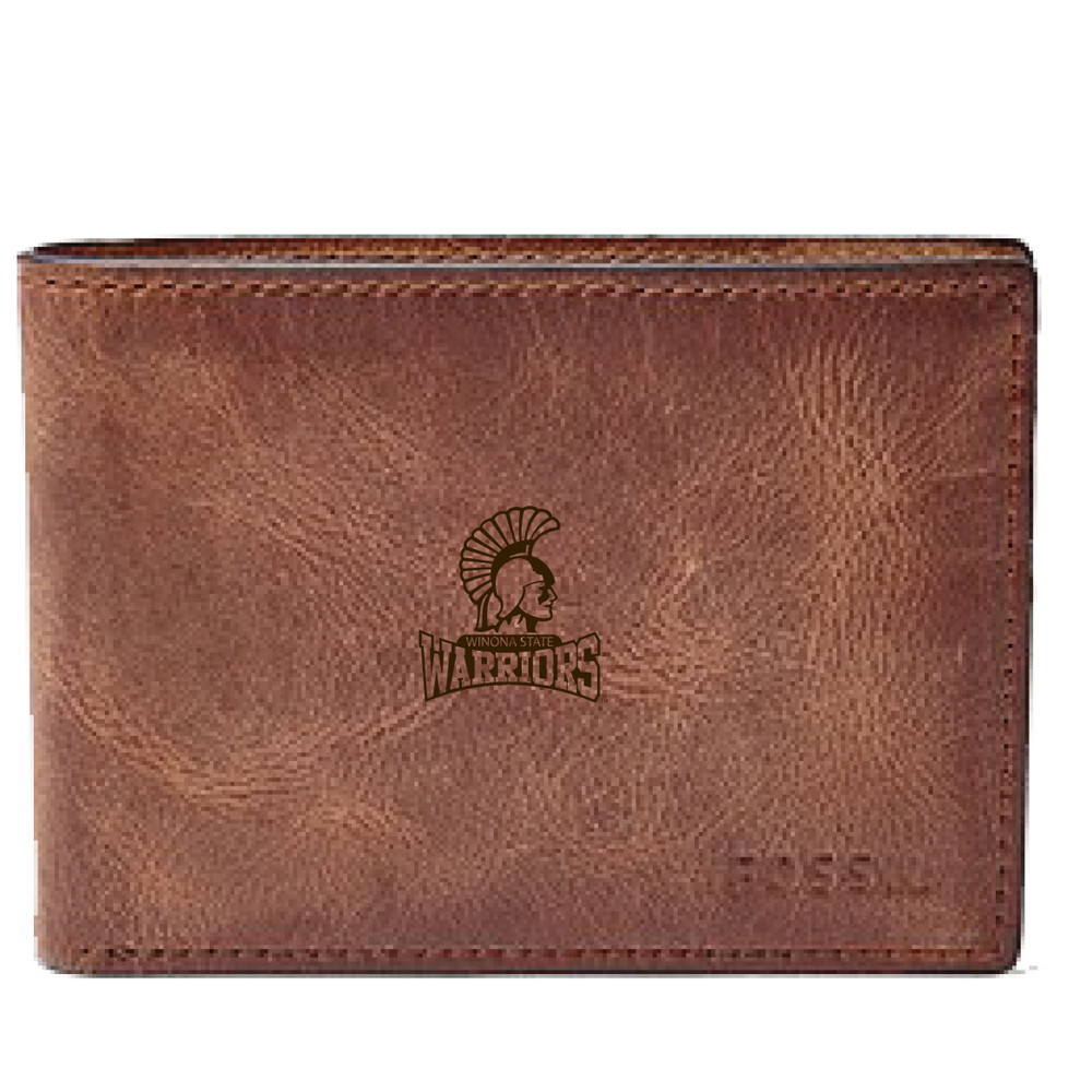 Men's Fossil Brown Winona State Warriors Leather Derrick Front Pocket Bi-Fold Wallet