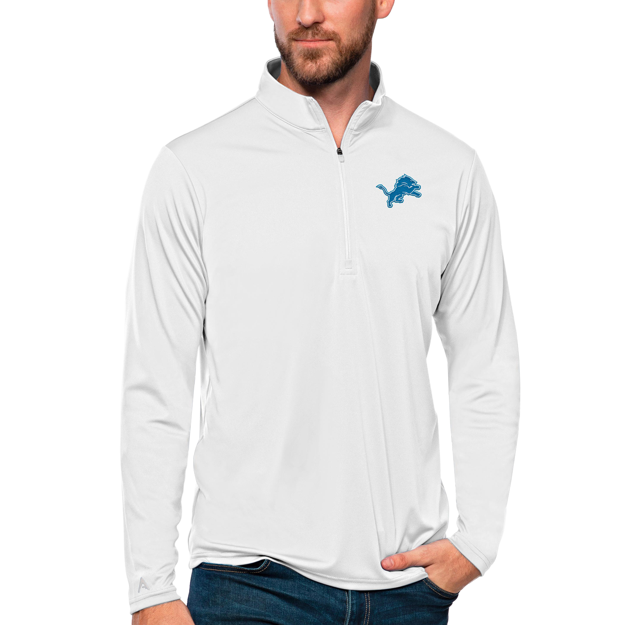 Men's Antigua White Detroit Lions Tribute Quarter-Zip Lightweight Pullover Top