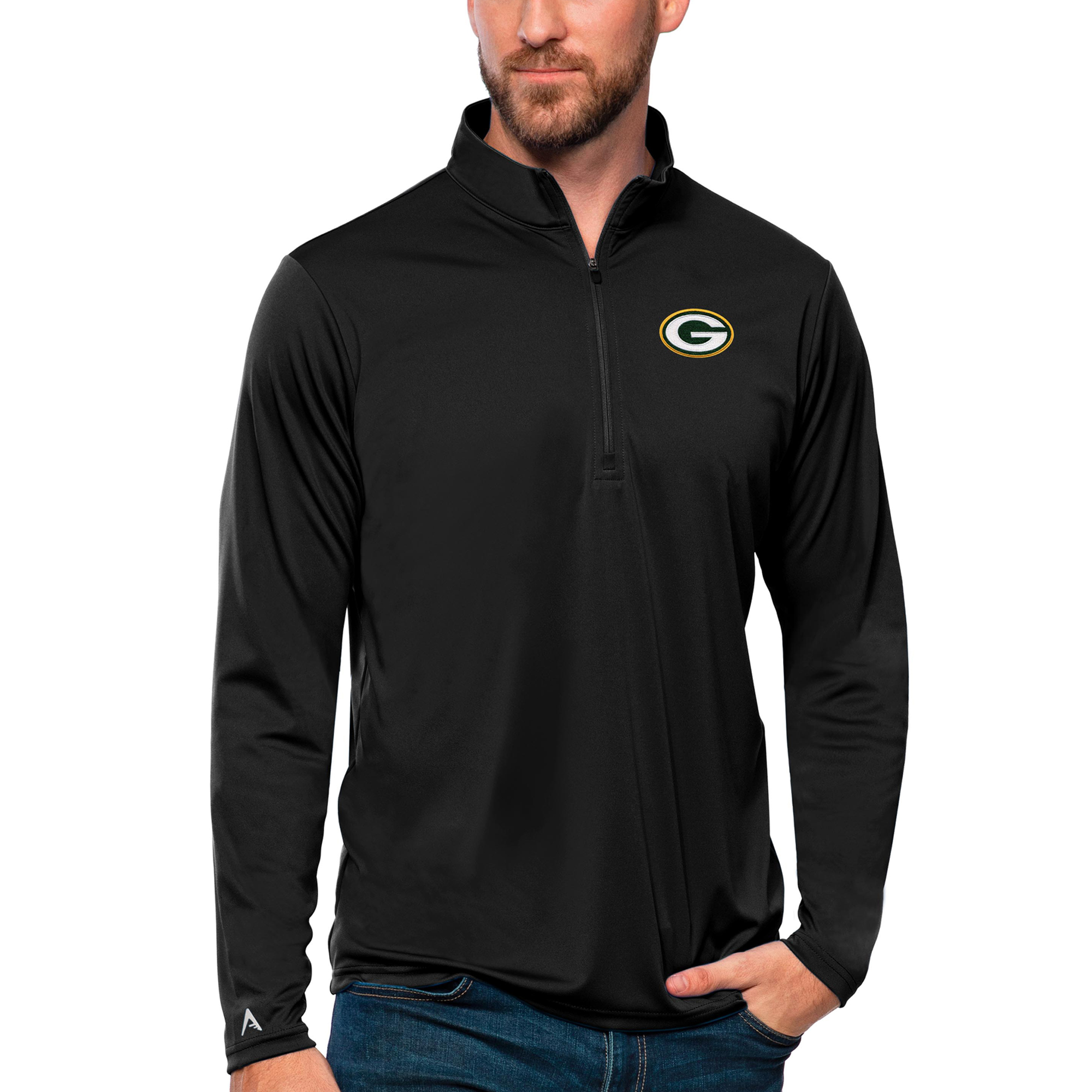 Men's Antigua Black Green Bay Packers Tribute Quarter-Zip Lightweight Pullover Top