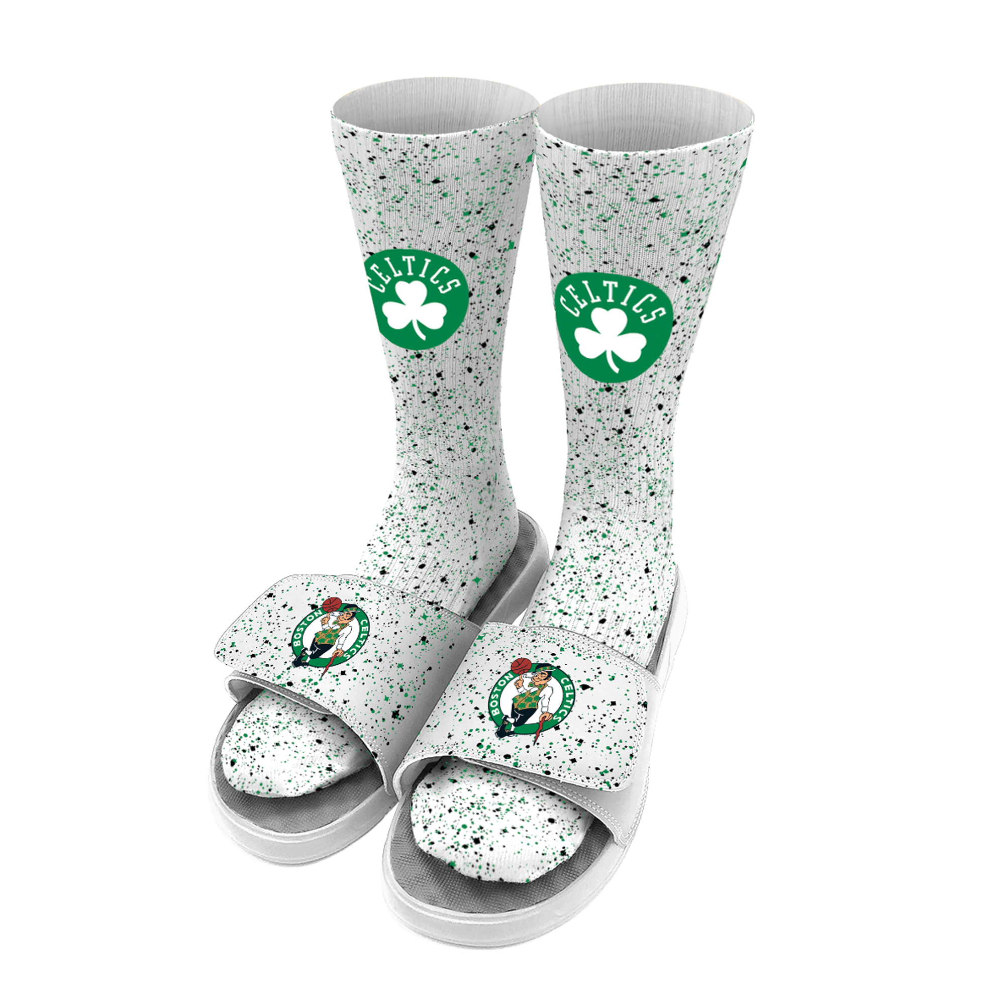 Men’s ISlide White Boston Celtics Team Logo Speckle Socks & Slide Sandals Bundle Men’s ISlide White Boston Celtics Team Logo Speckle Socks & Slide Sandals Bundle