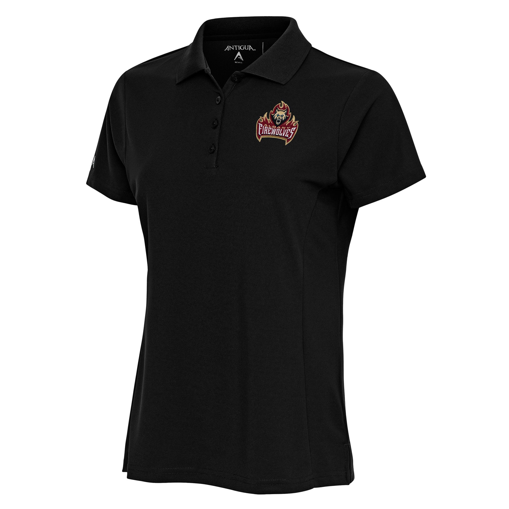 Women's Antigua Black Albany FireWolves Team Logo Legacy Pique Polo