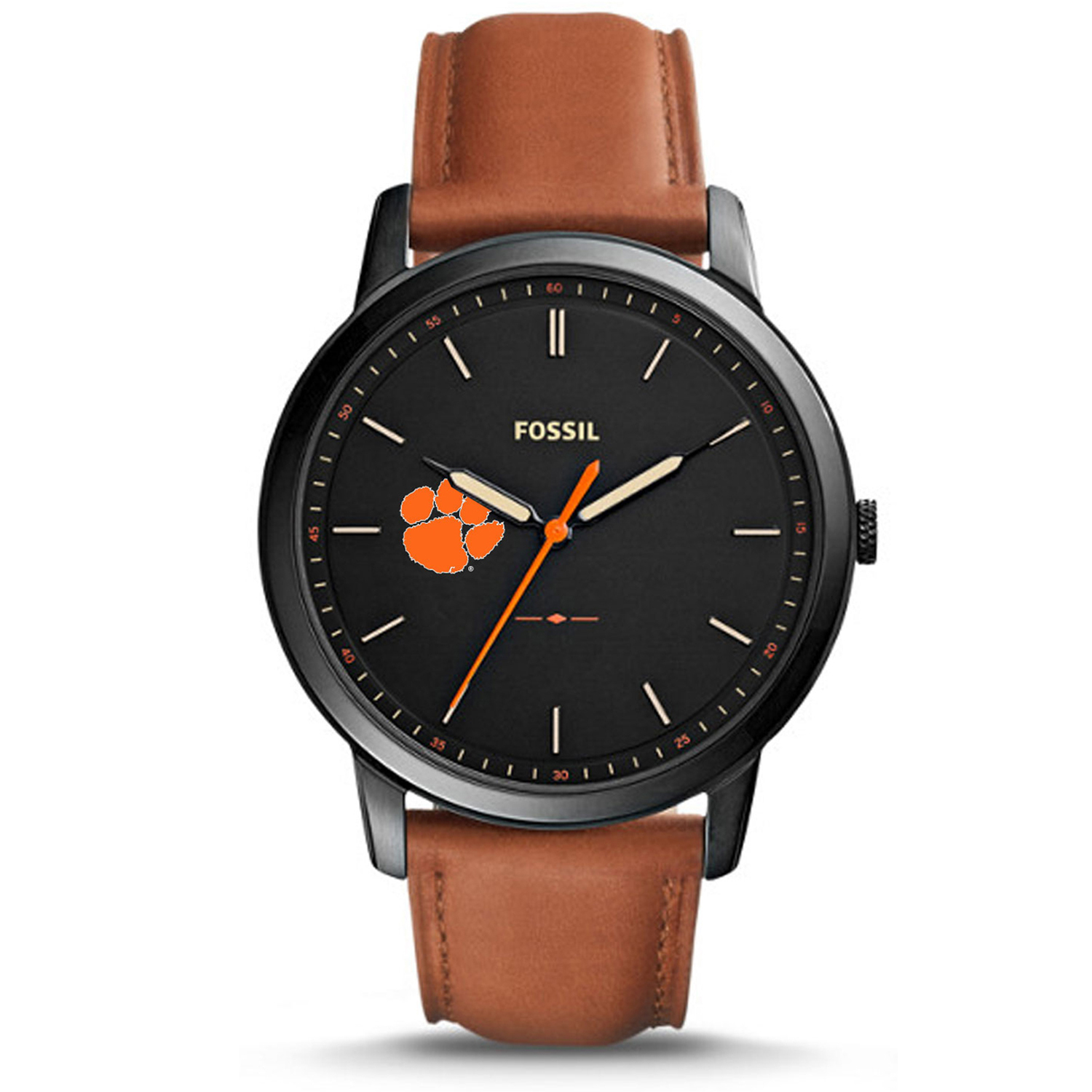 Fossil Black Clemson Tigers Personalized Minimalist Slim Light Brown Leather Watch