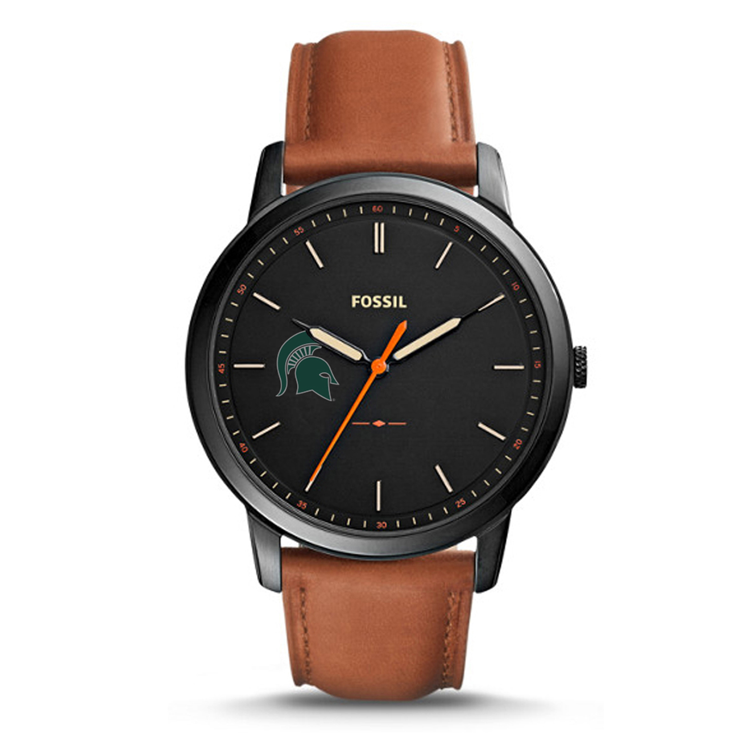 Fossil Black Michigan State Spartans Personalized Minimalist Slim Light Brown Leather Watch