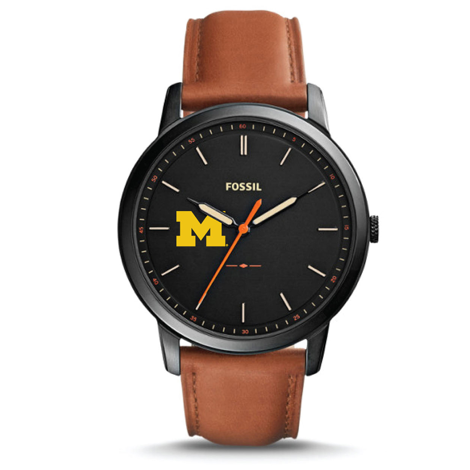 Fossil Black Michigan Wolverines Personalized Minimalist Slim Light Brown Leather Watch