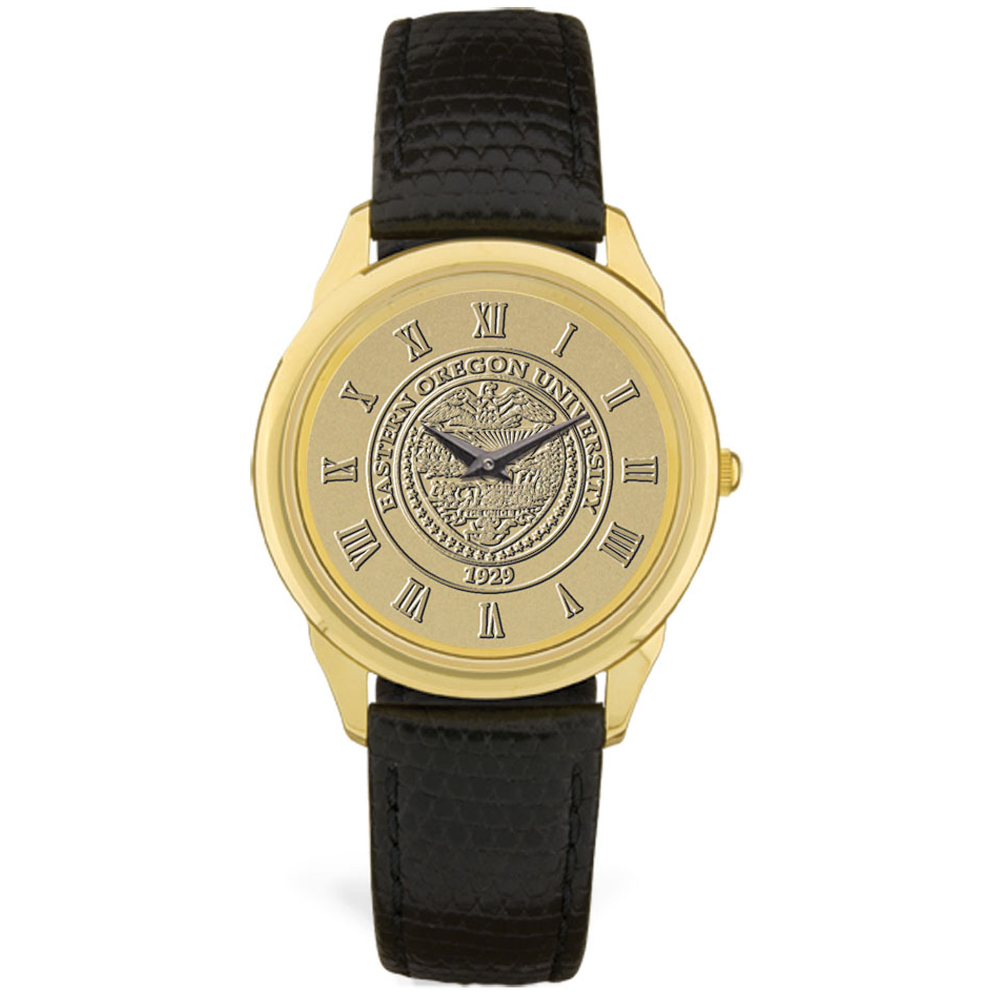 Men's Gold Eastern Oregon Mountaineers Medallion Leather Wristwatch