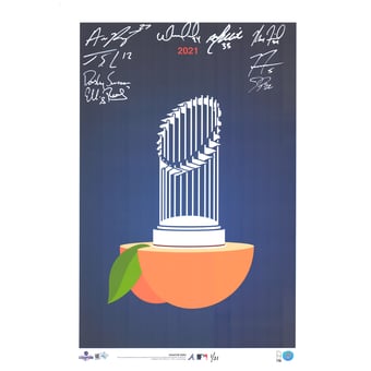 "Atlanta Braves Multi-Signed 14"" x 20"" 2021 World Series Champions Peach Logo Minimalist Print by S. Preston - #1 of a Limited Edition of 21"