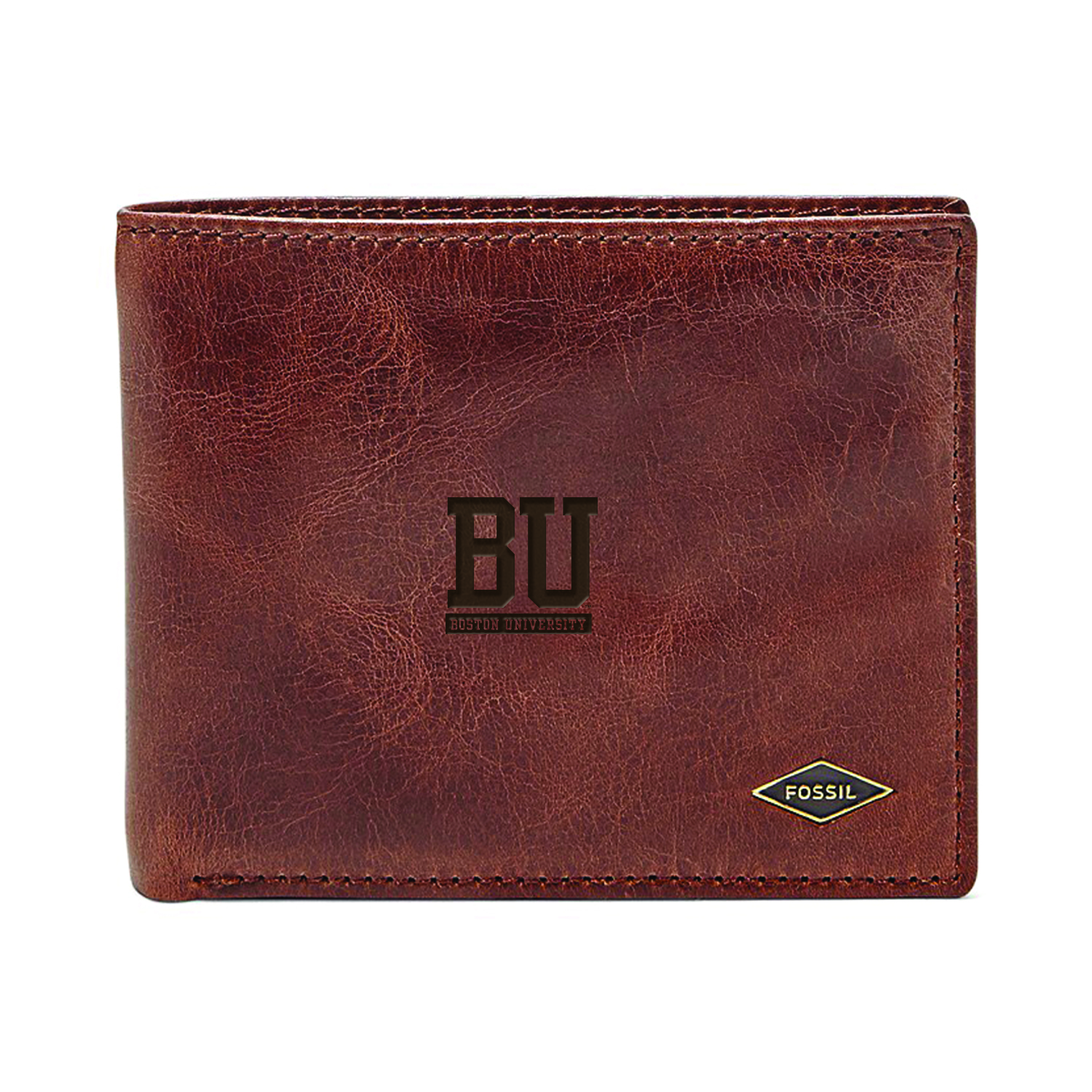Men's Fossil Brown Boston University Leather Ryan RFID Flip ID Bifold Wallet
