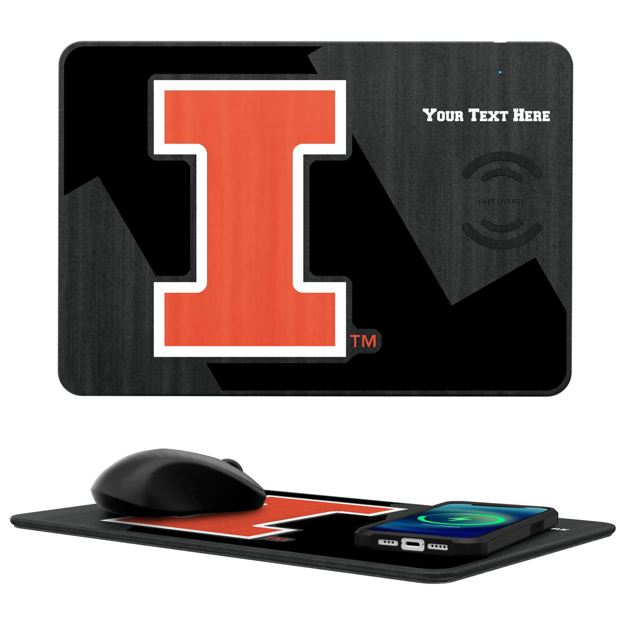Keyscaper Illinois Fighting Illini Personalized 15W Fast Wireless Charger and Mouse Pad