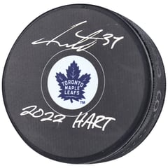 Auston Matthews Toronto Maple Leafs Autographed 2022 Hart Trophy Winner Hockey Puck with ''2022 Hart'' Inscription