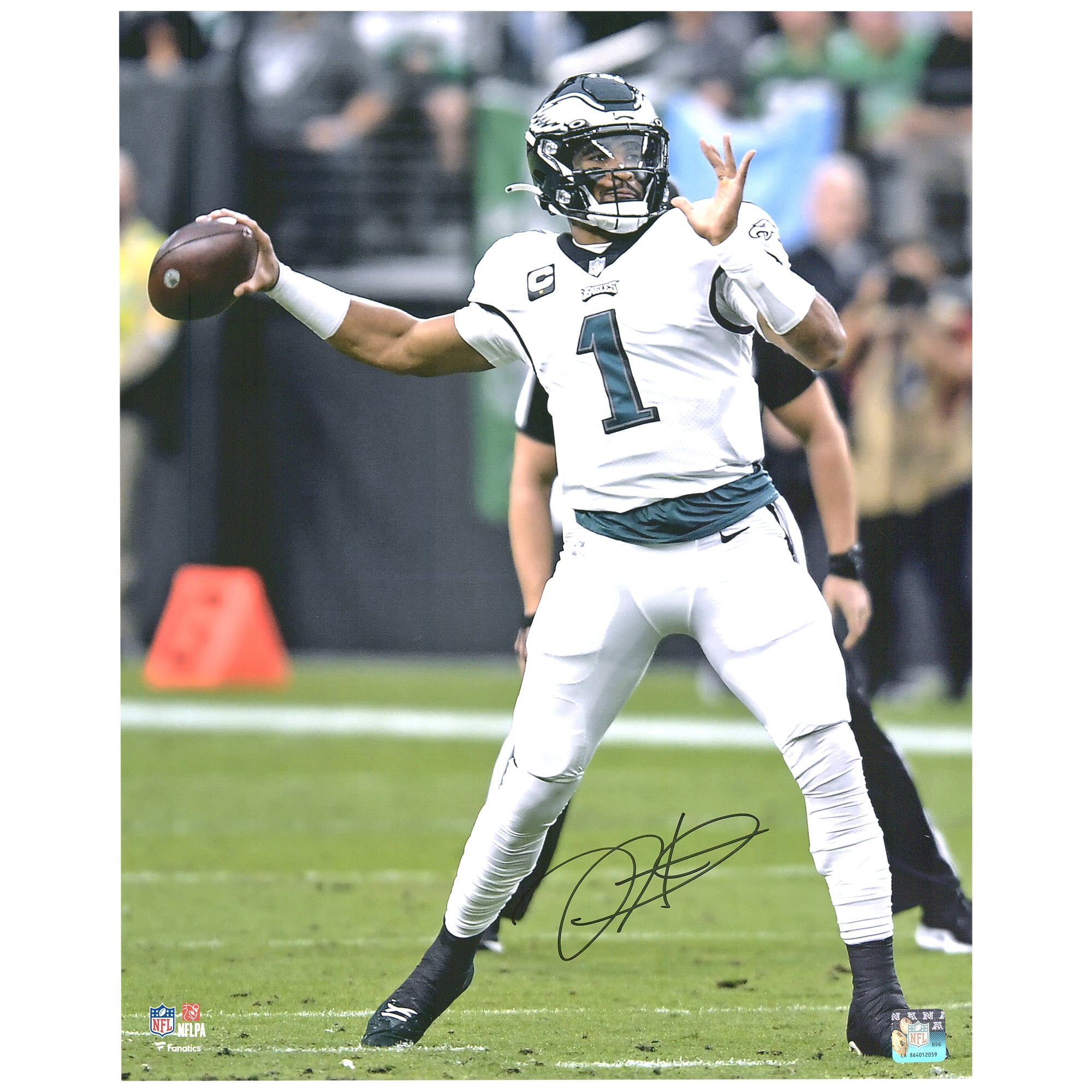Jalen Hurts Philadelphia Eagles Autographed 16" x 20" White Jersey Throwing Photograph