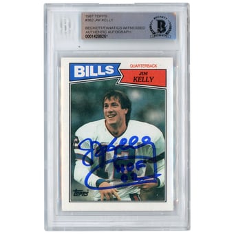 Jim Kelly Buffalo Bills Autographed 1987 Topps #362 Beckett Fanatics Witnessed Authenticated Rookie Card with "HOF 02" Inscription