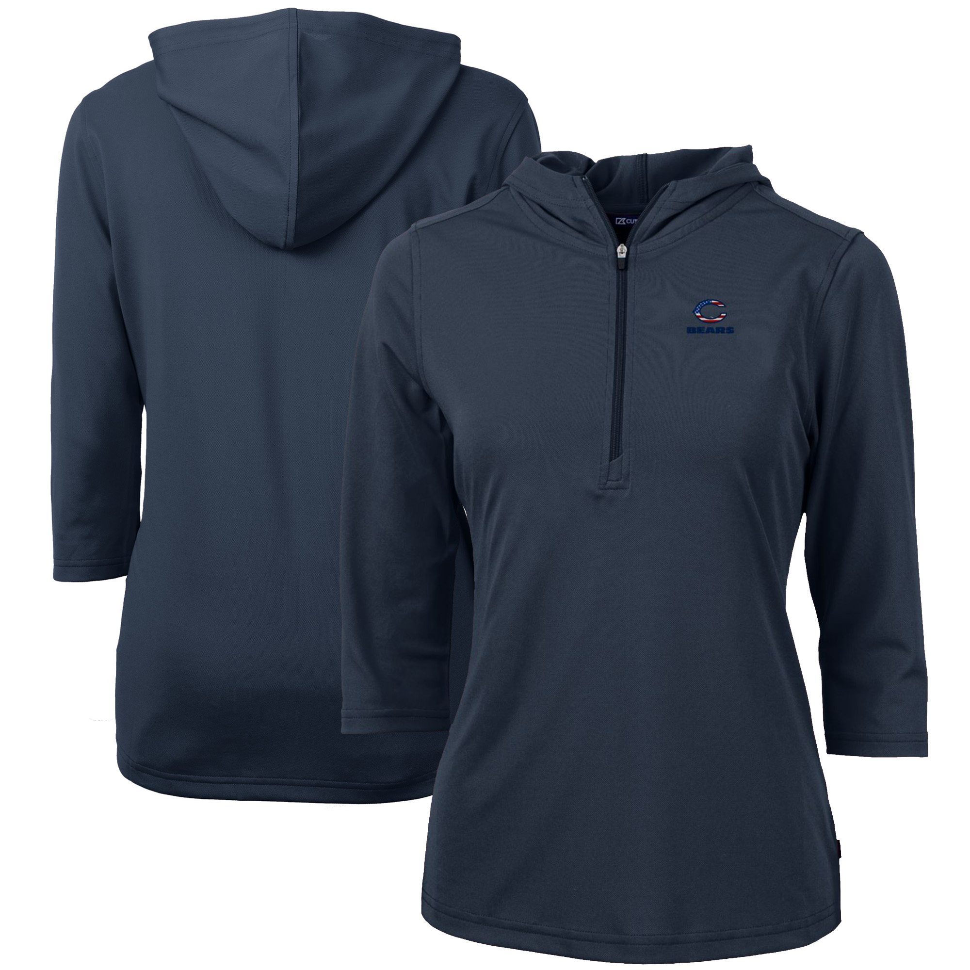 Women's Cutter & Buck Navy Chicago Bears Virtue Eco Pique 3/4 Sleeve Half-Zip Pullover Hoodie