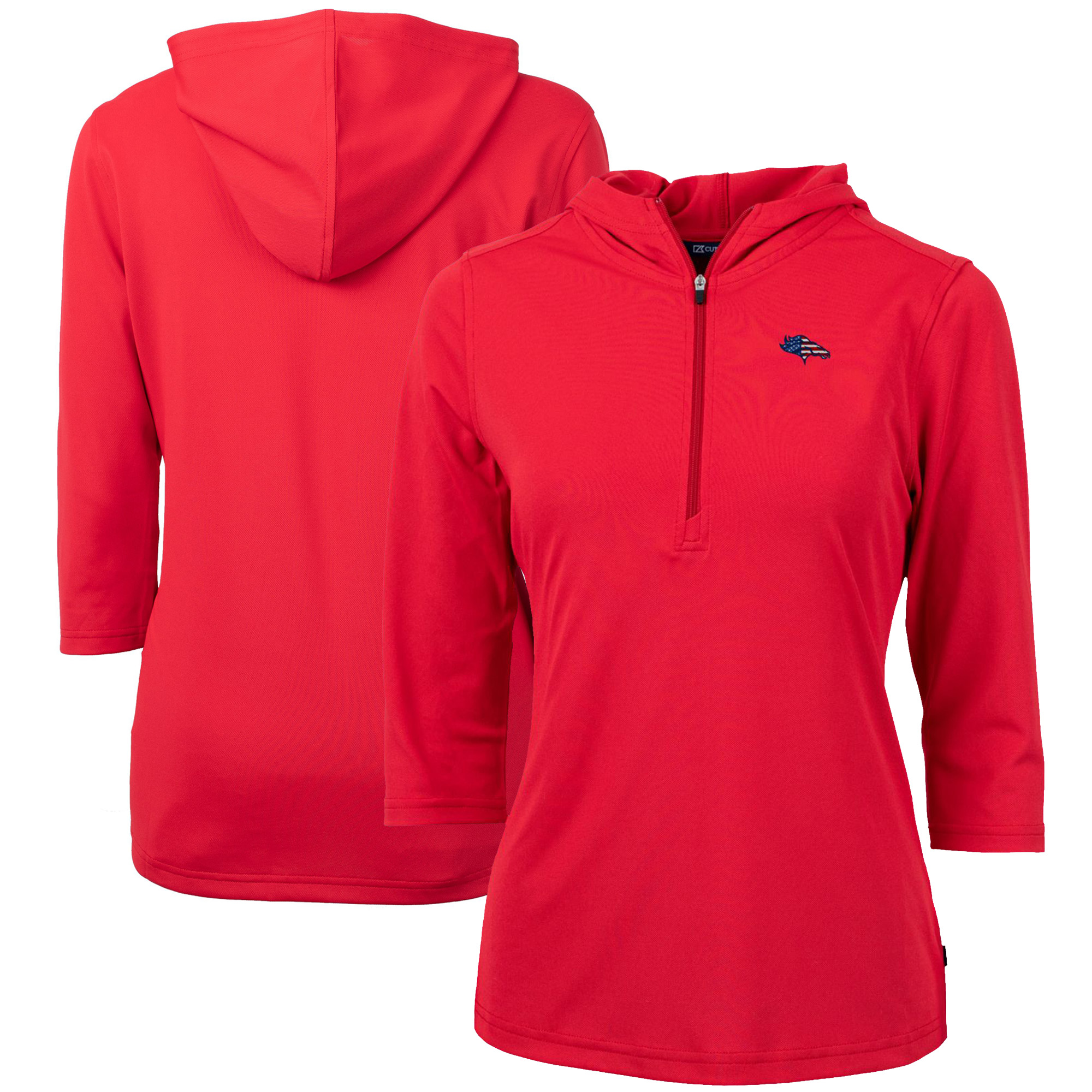 Women's Cutter & Buck Red Denver Broncos Virtue Eco Pique 3/4 Sleeve Half-Zip Pullover Hoodie