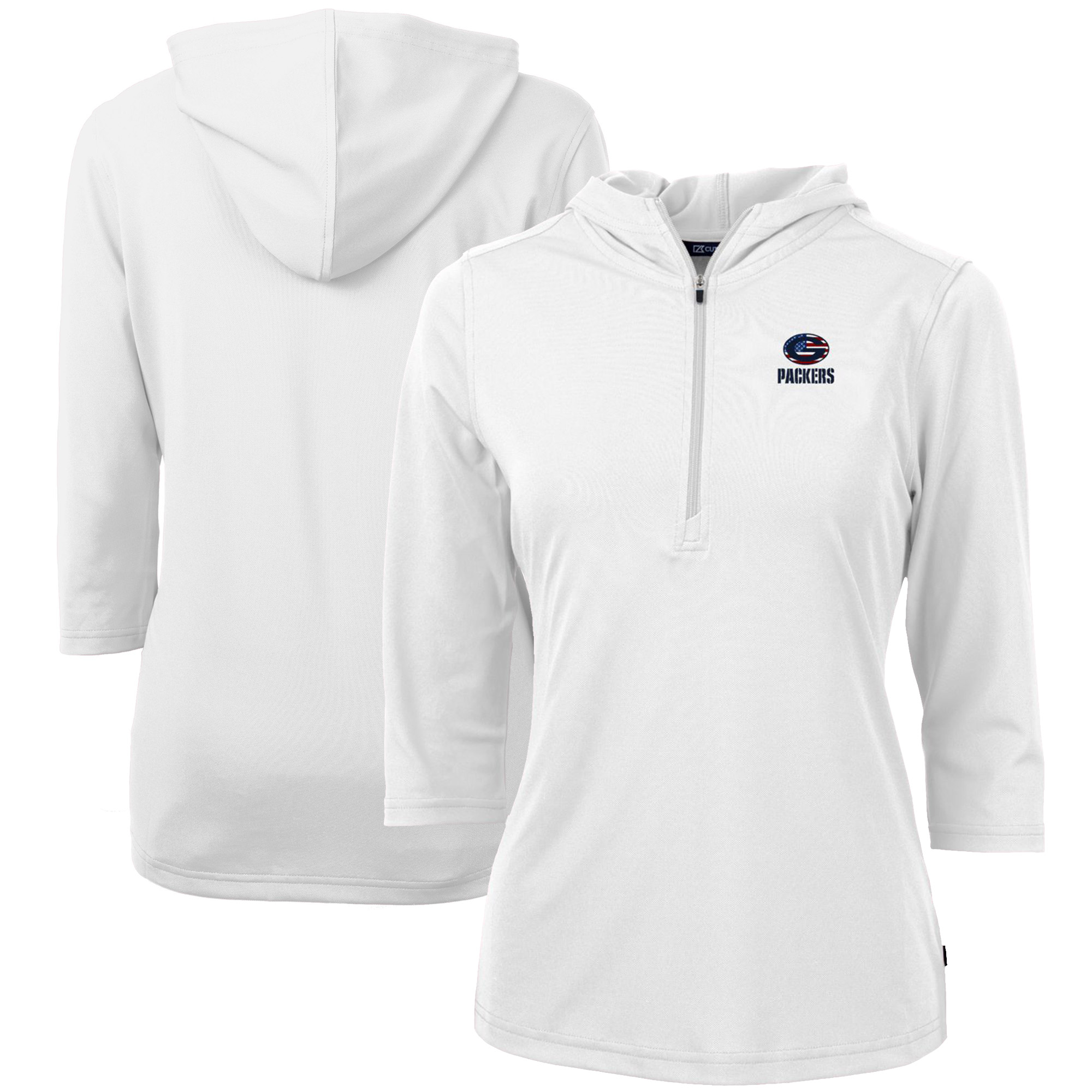 Women's Cutter & Buck White Green Bay Packers Virtue Eco Pique 3/4 Sleeve Half-Zip Pullover Hoodie