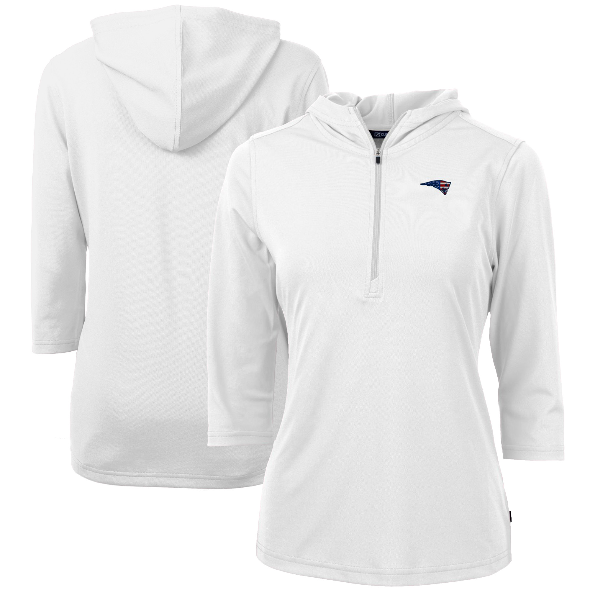 Women's Cutter & Buck White New England Patriots Virtue Eco Pique 3/4 Sleeve Half-Zip Pullover Hoodie