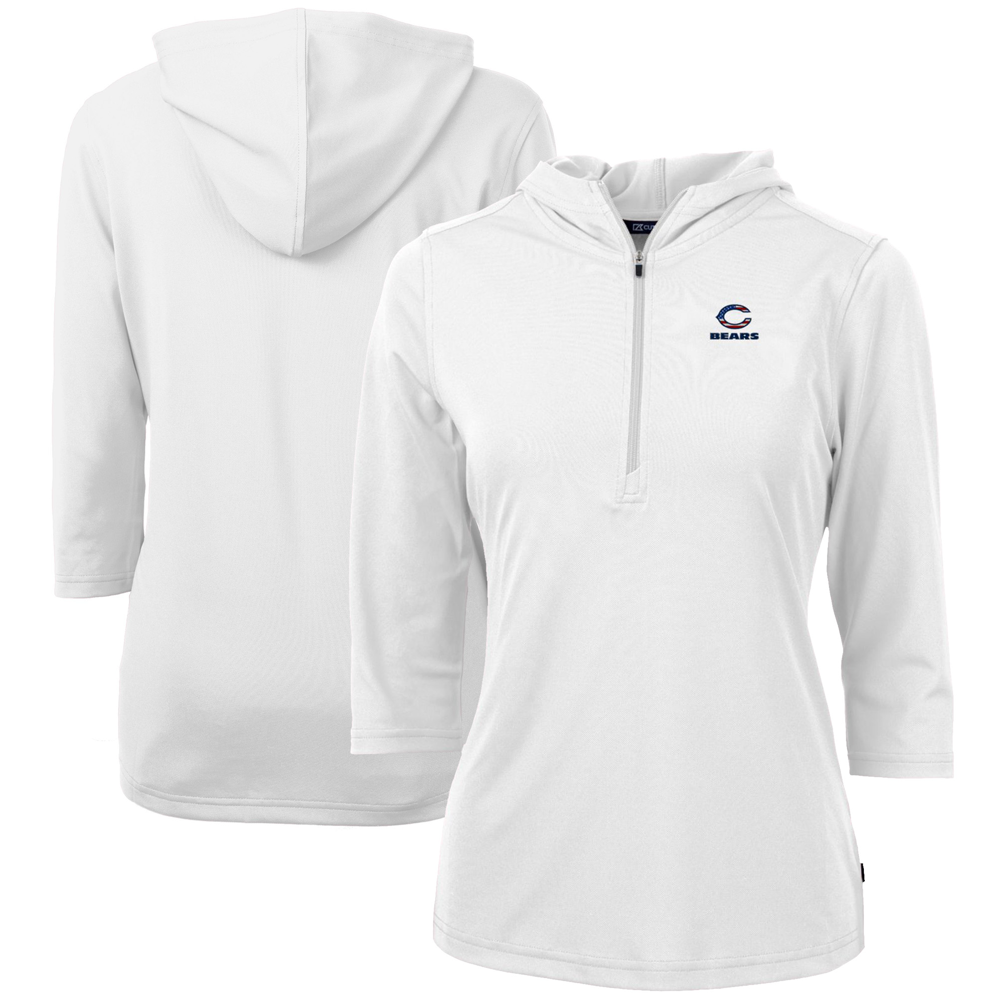 Women's Cutter & Buck White Chicago Bears Virtue Eco Pique 3/4 Sleeve Half-Zip Pullover Hoodie