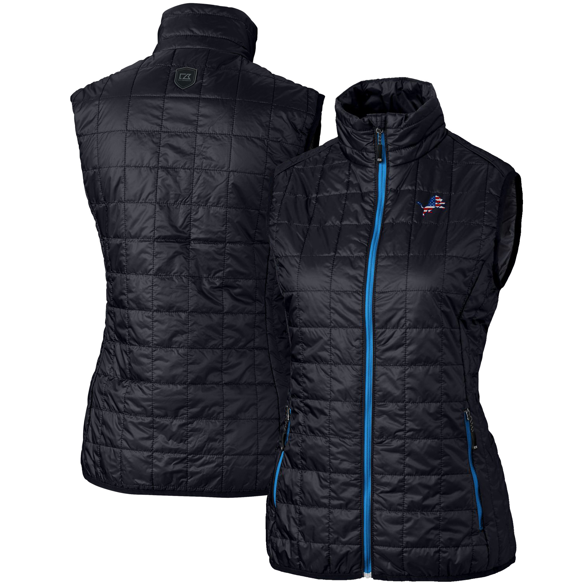 Women's Cutter & Buck Navy Detroit Lions Rainier PrimaLoft Eco Full-Zip Puffer Vest