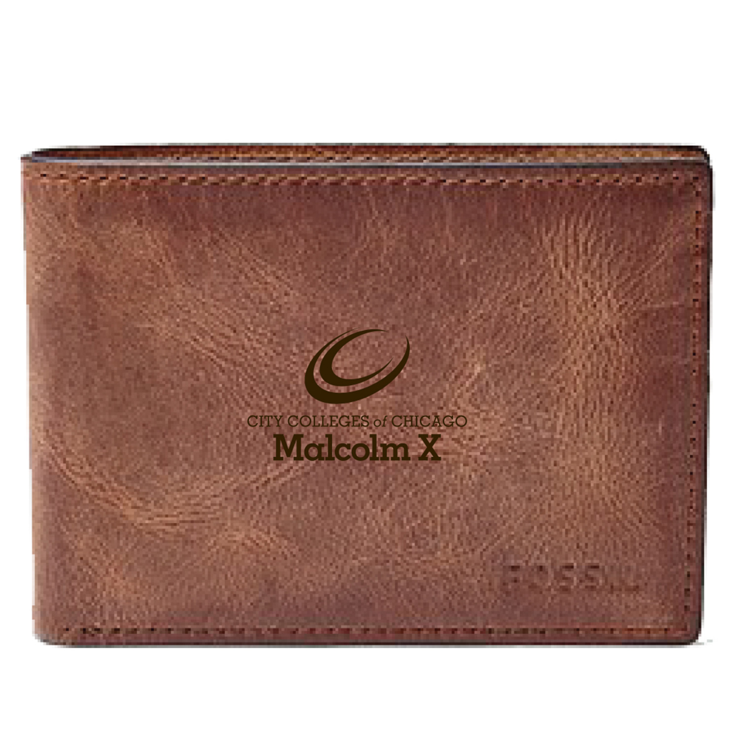 Men's Fossil Brown Malcolm X College Hawks Leather Derrick Front Pocket Bi-Fold Wallet