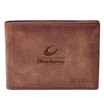 Men's Fossil Brown Olive-Harvey College Purple Panthers Leather Derrick Front Pocket Bi-Fold Wallet