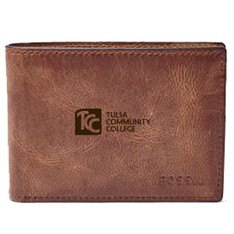 Men's Fossil Brown Tulsa Community College Leather Derrick Front Pocket Bi-Fold Wallet