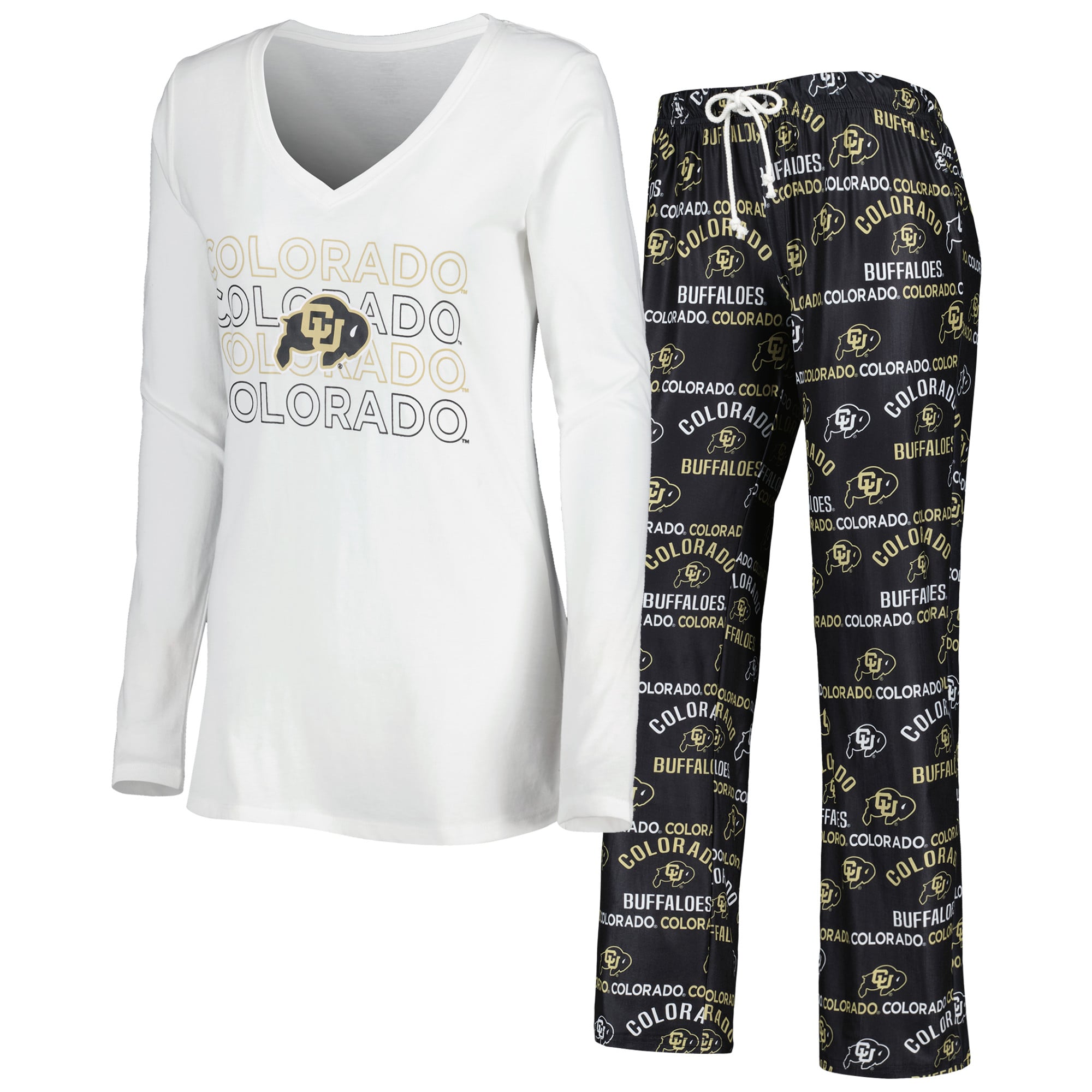 Women's Concepts Sport Black/White Colorado Buffaloes Breakthrough Allover Print Long Sleeve V-Neck Top and Pants Sleep Set