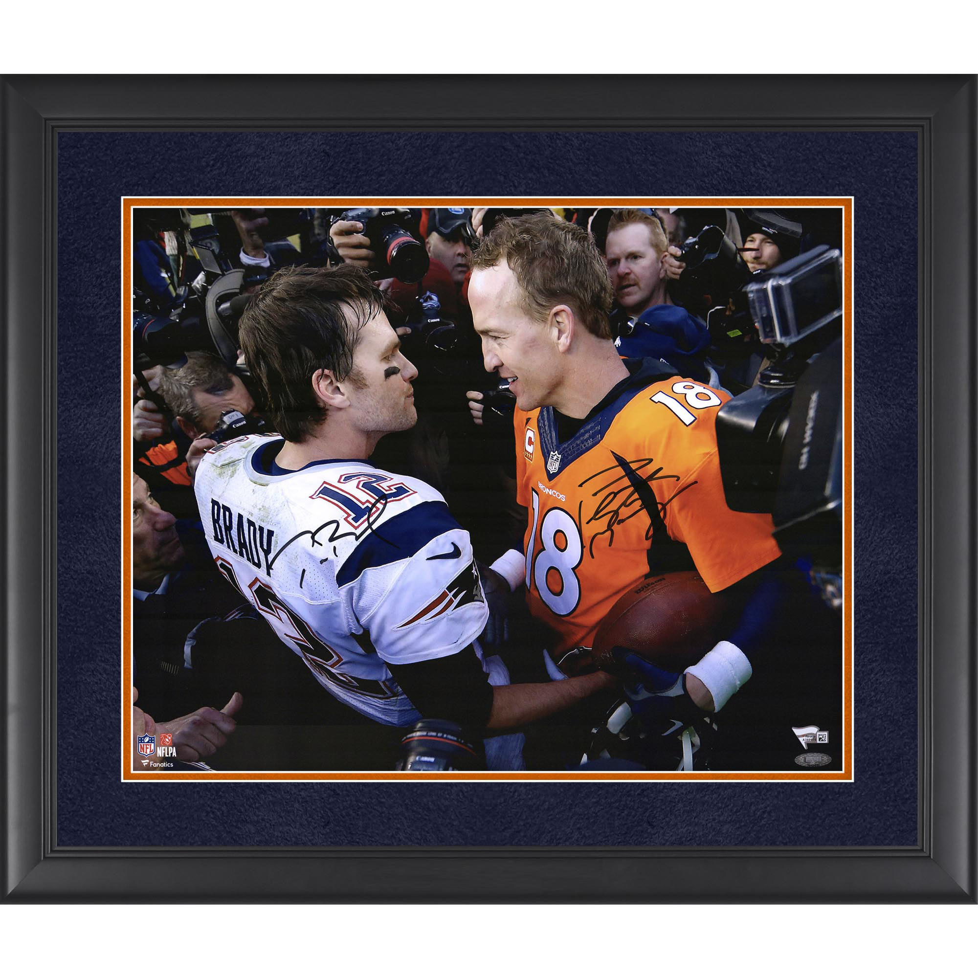 Peyton Manning & Tom Brady Denver Broncos vs. New England Patriots Multi-Signed Framed 16" x 20" Handshake Photograph with Suede Matting