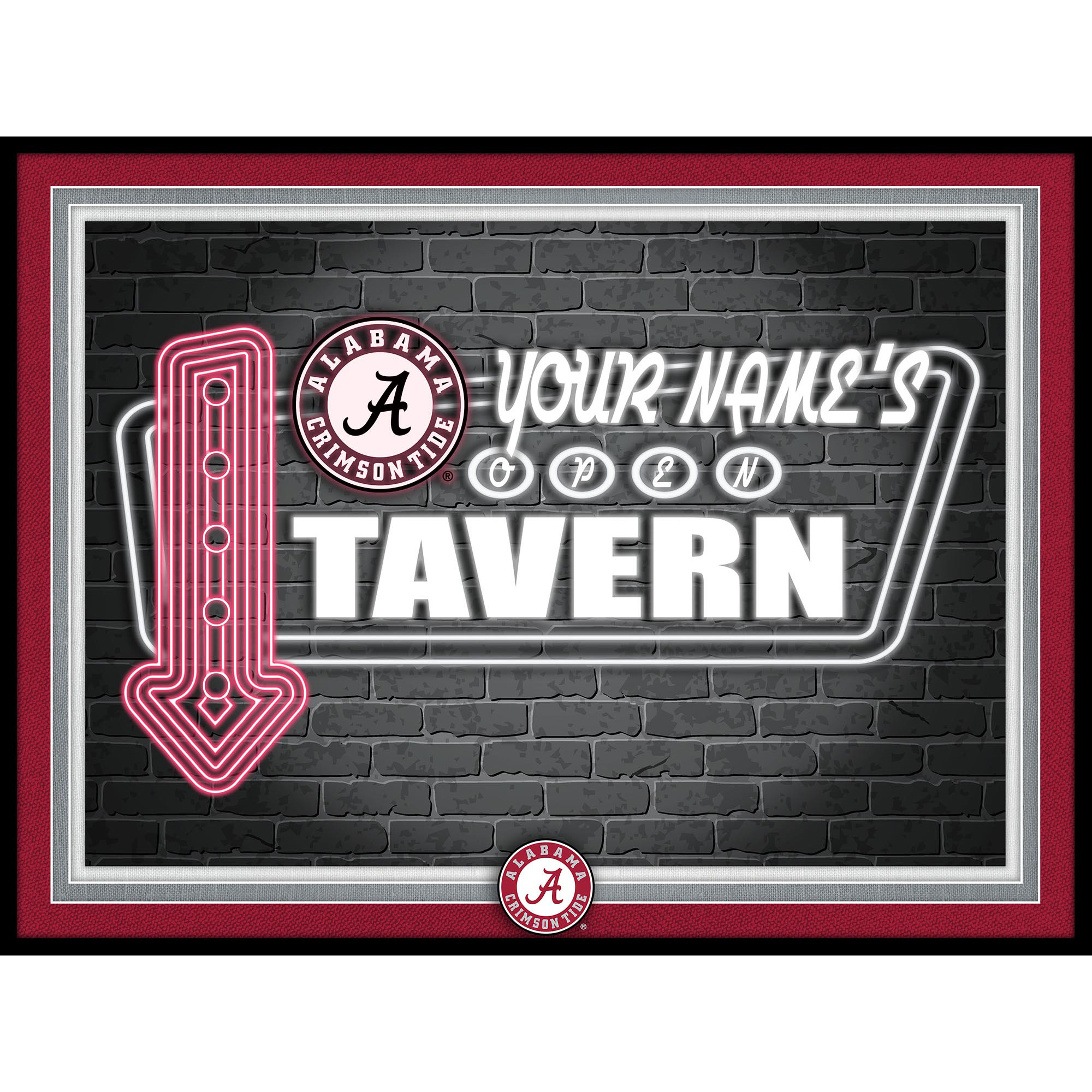 Black Alabama Crimson Tide 12'' x 16'' Personalized Framed Neon Tavern Print