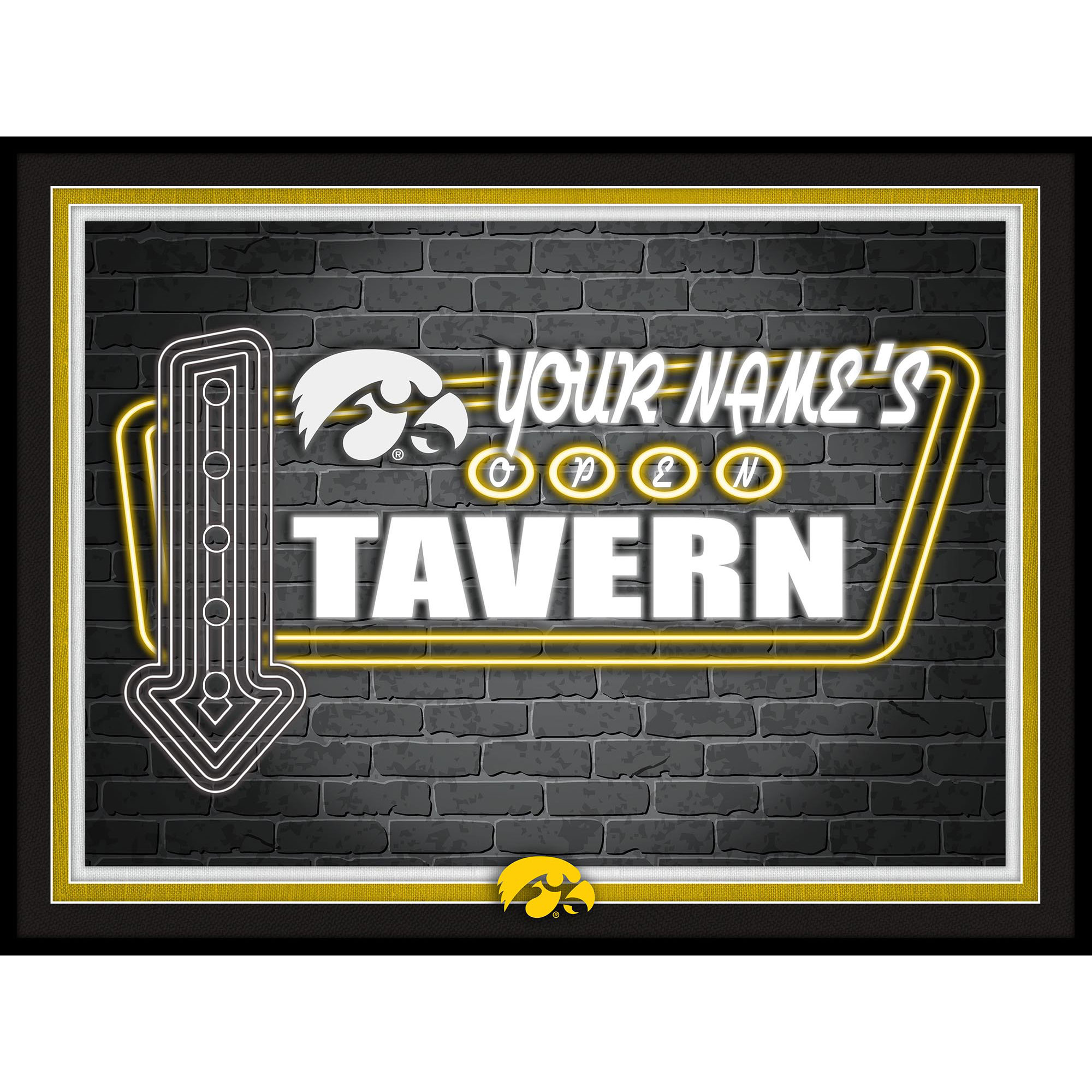 Black Iowa Hawkeyes 12'' x 16'' Personalized Framed Neon Tavern Print