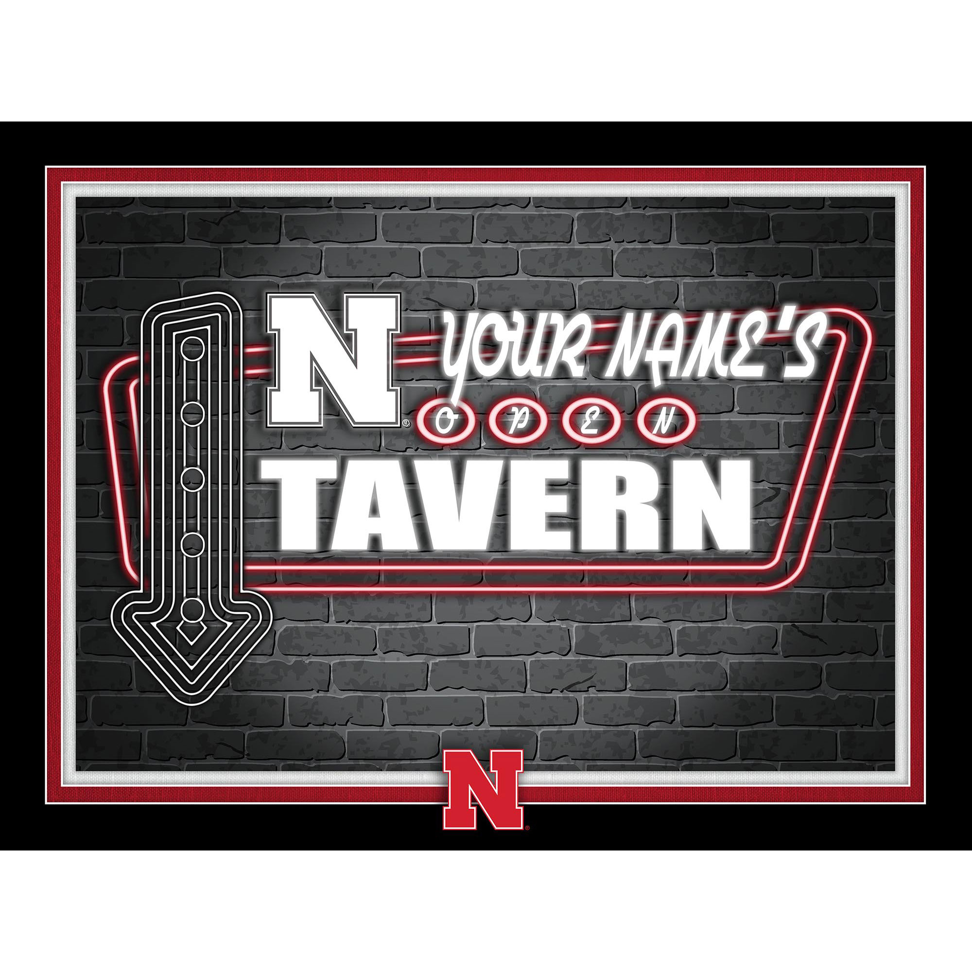 Black Nebraska Huskers 12'' x 16'' Personalized Framed Neon Tavern Print
