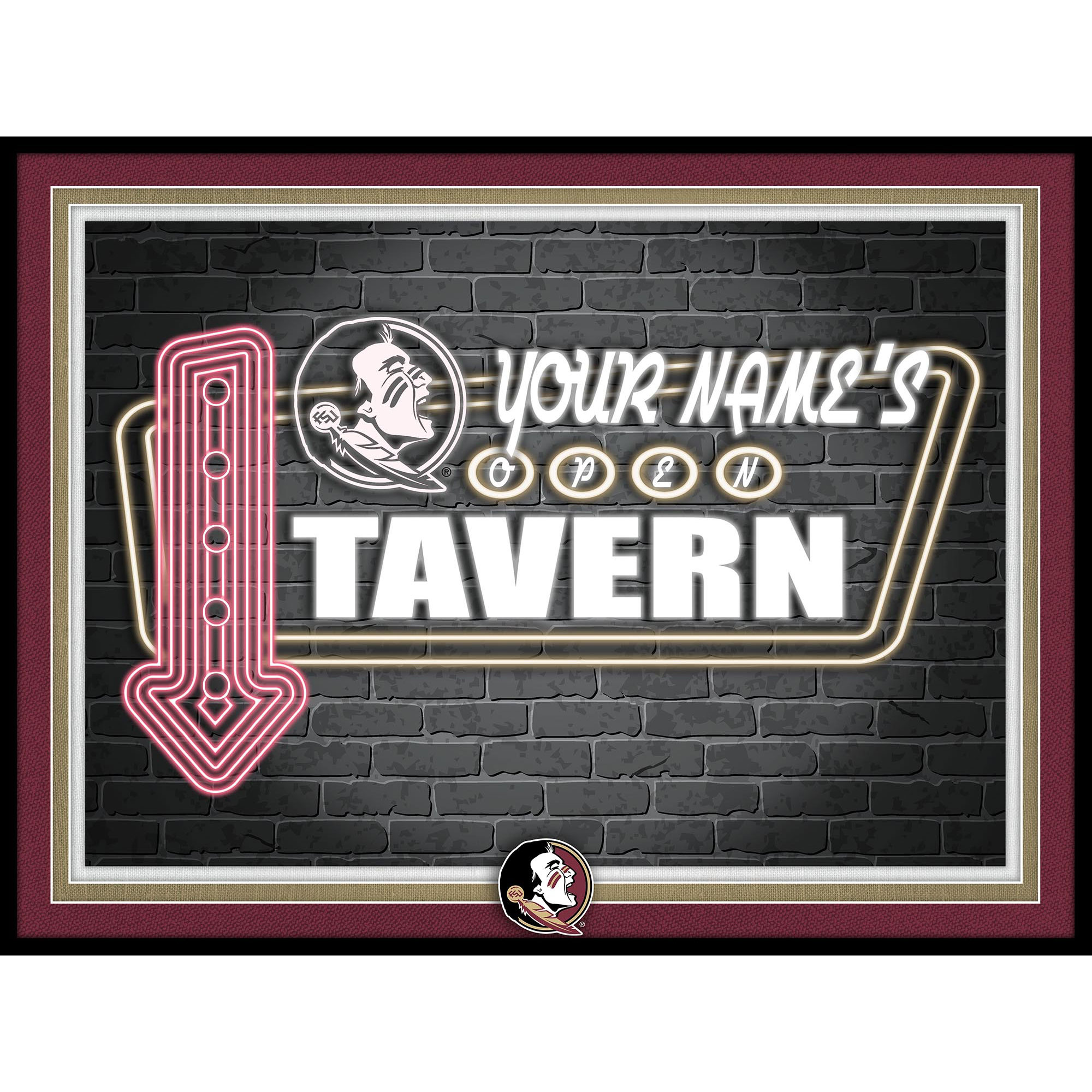 Black Florida State Seminoles 12'' x 16'' Personalized Framed Neon Tavern Print