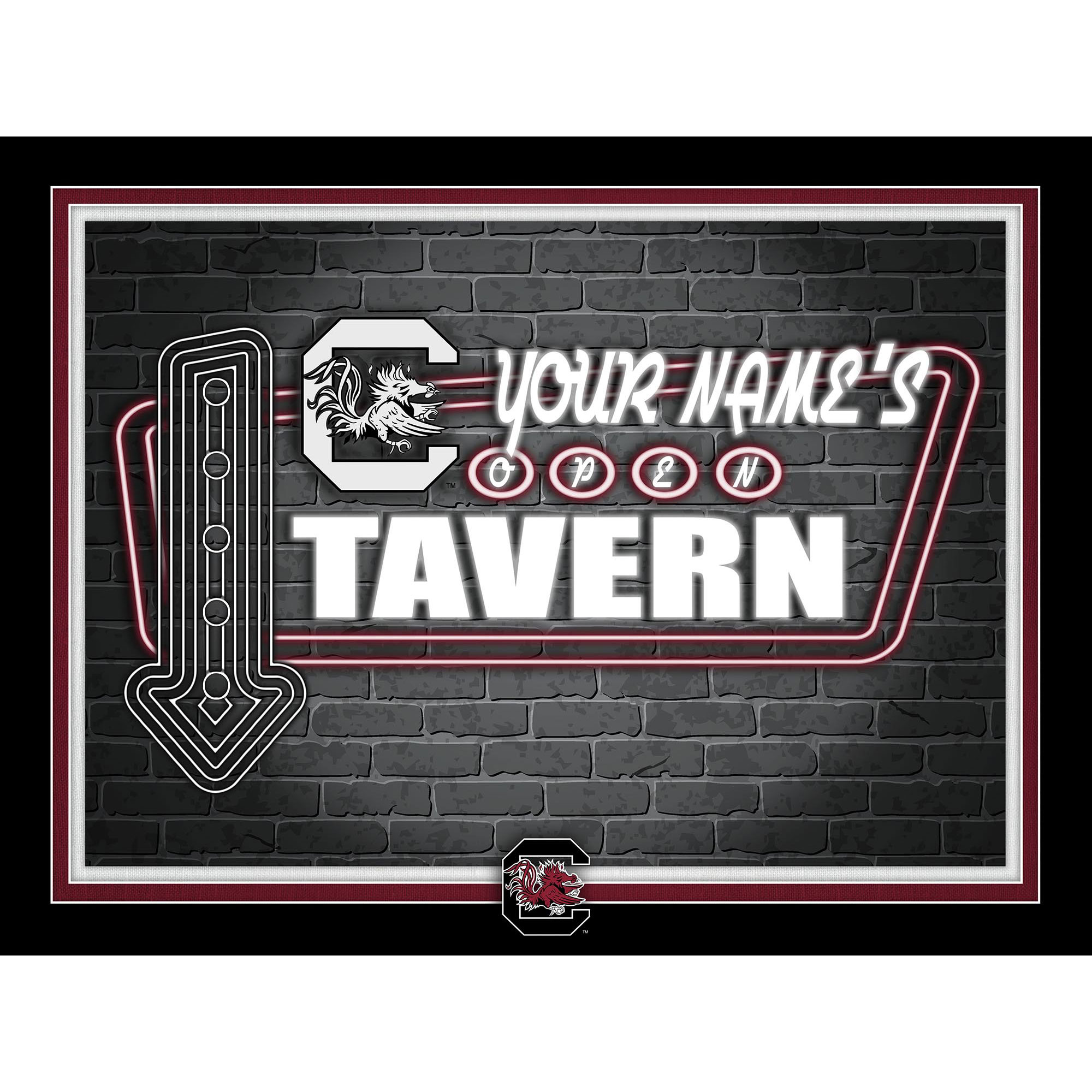 Black South Carolina Gamecocks 12'' x 16'' Personalized Framed Neon Tavern Print