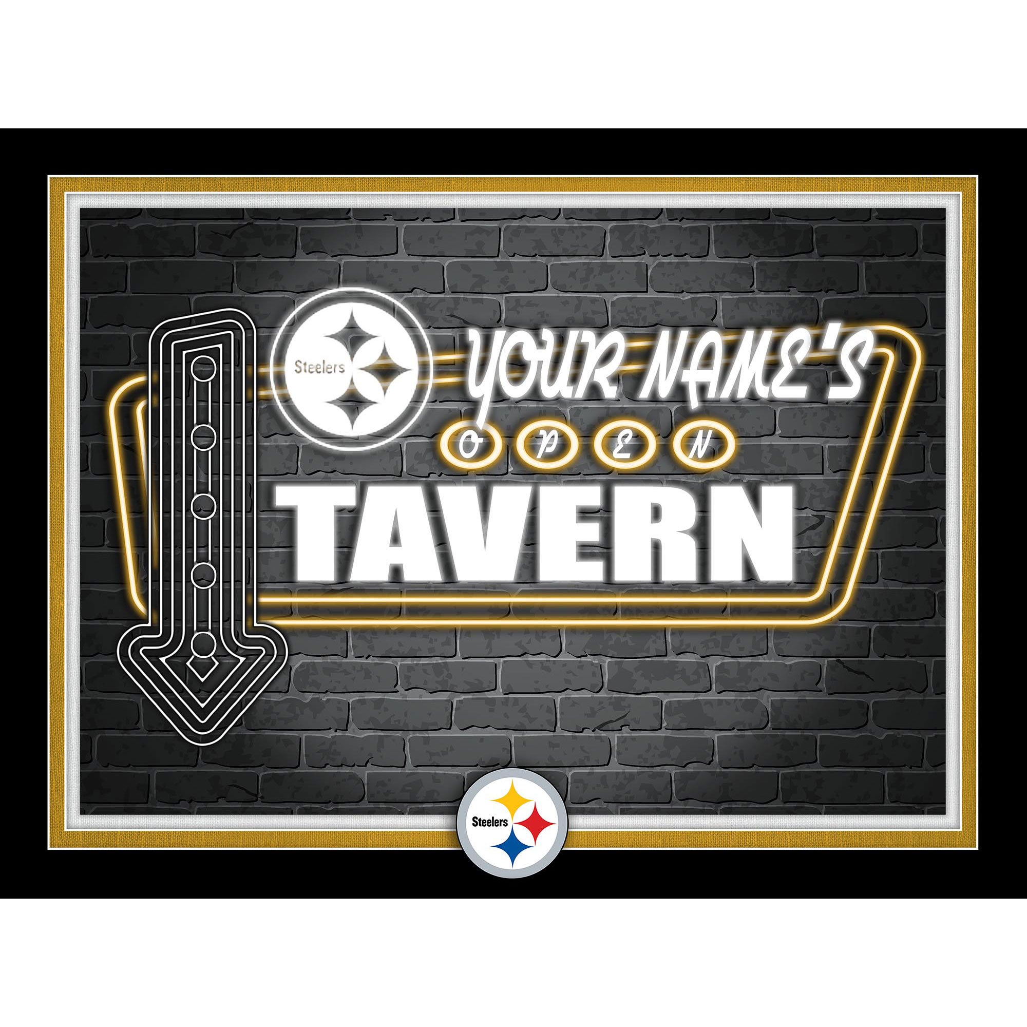Black Pittsburgh Steelers 12'' x 16'' Personalized Framed Neon Tavern Print
