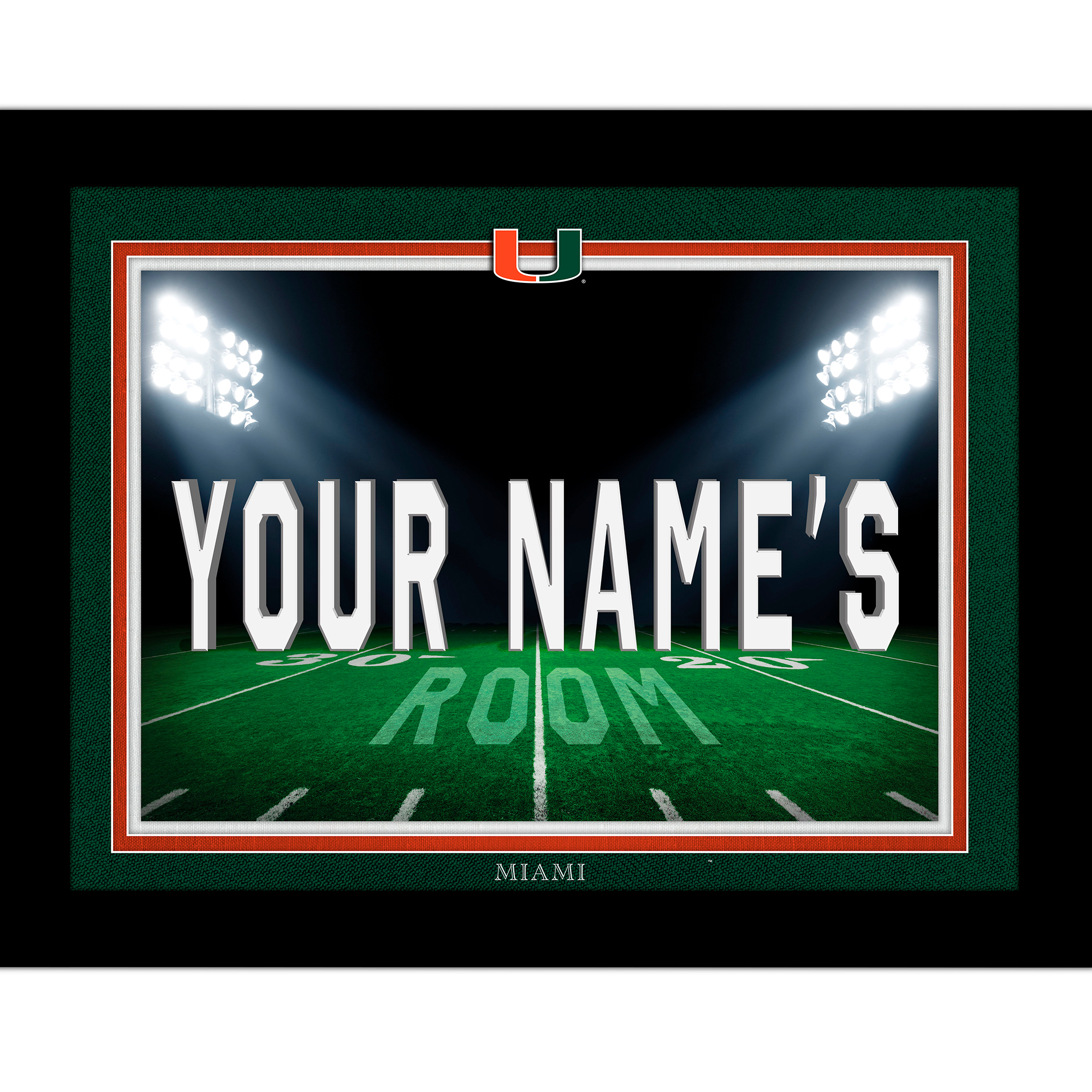 Black Miami Hurricanes 12'' x 16'' Personalized Framed Field Spotlight Print
