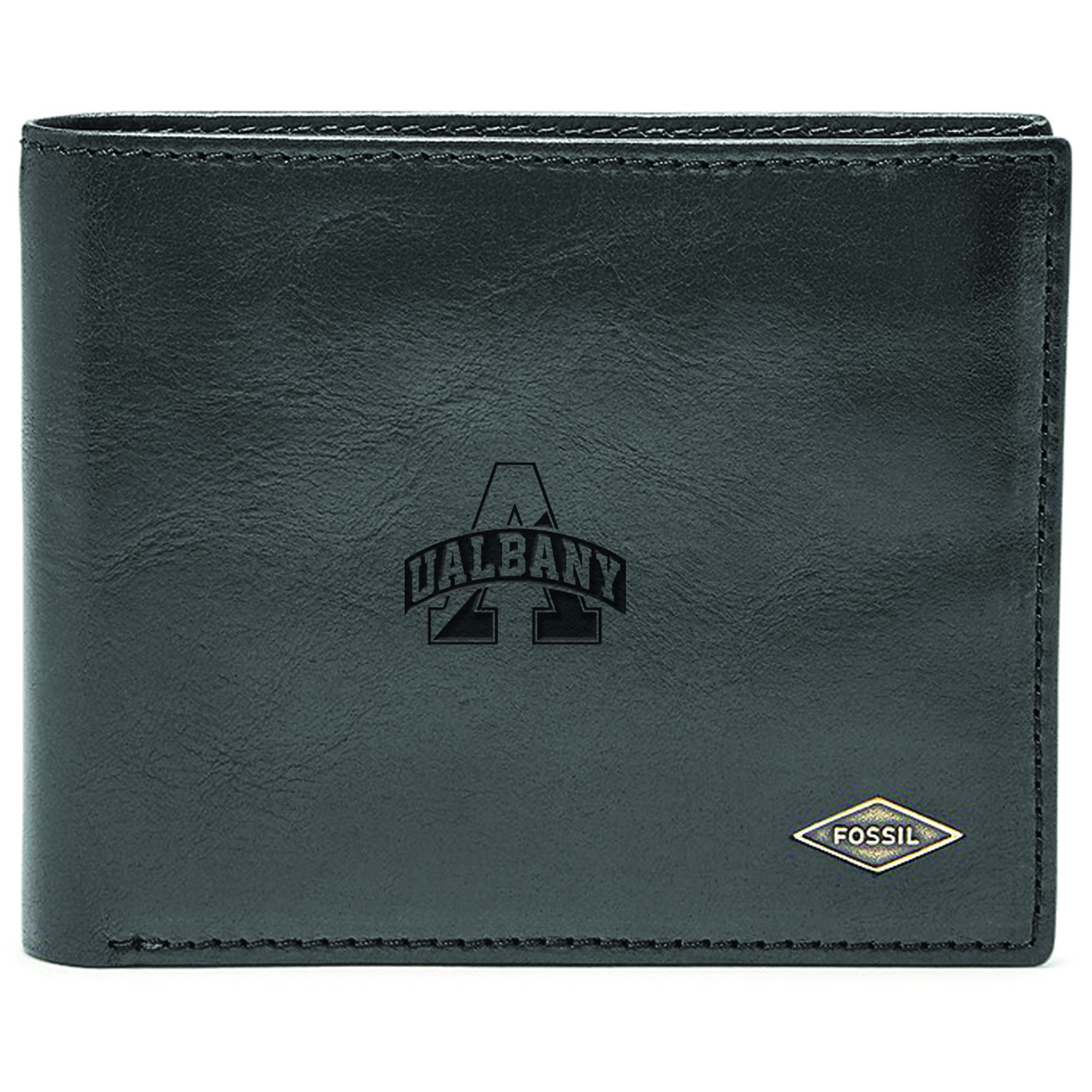 Men's Fossil Black UAlbany Great Danes Leather Ryan RFID Flip ID Bifold Wallet