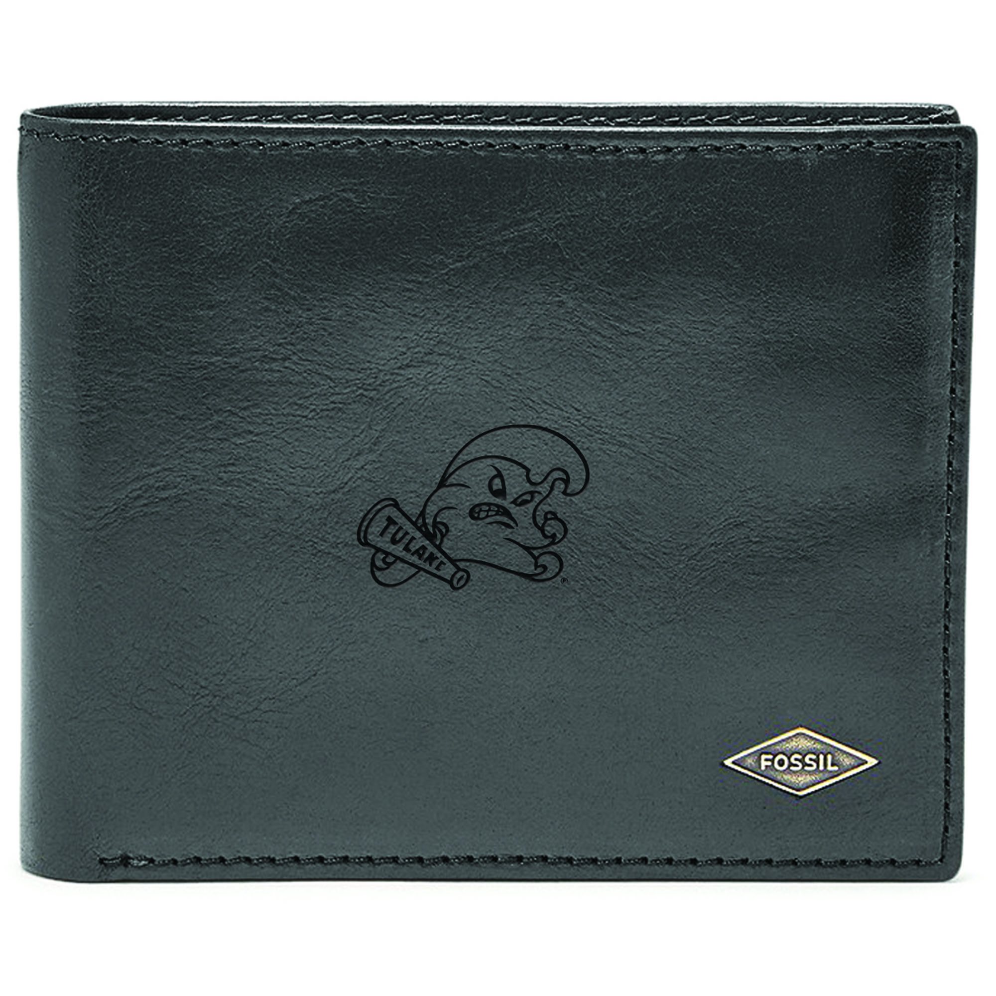 Men's Fossil Black Tulane Green Wave Leather Ryan RFID Flip ID Bifold Wallet