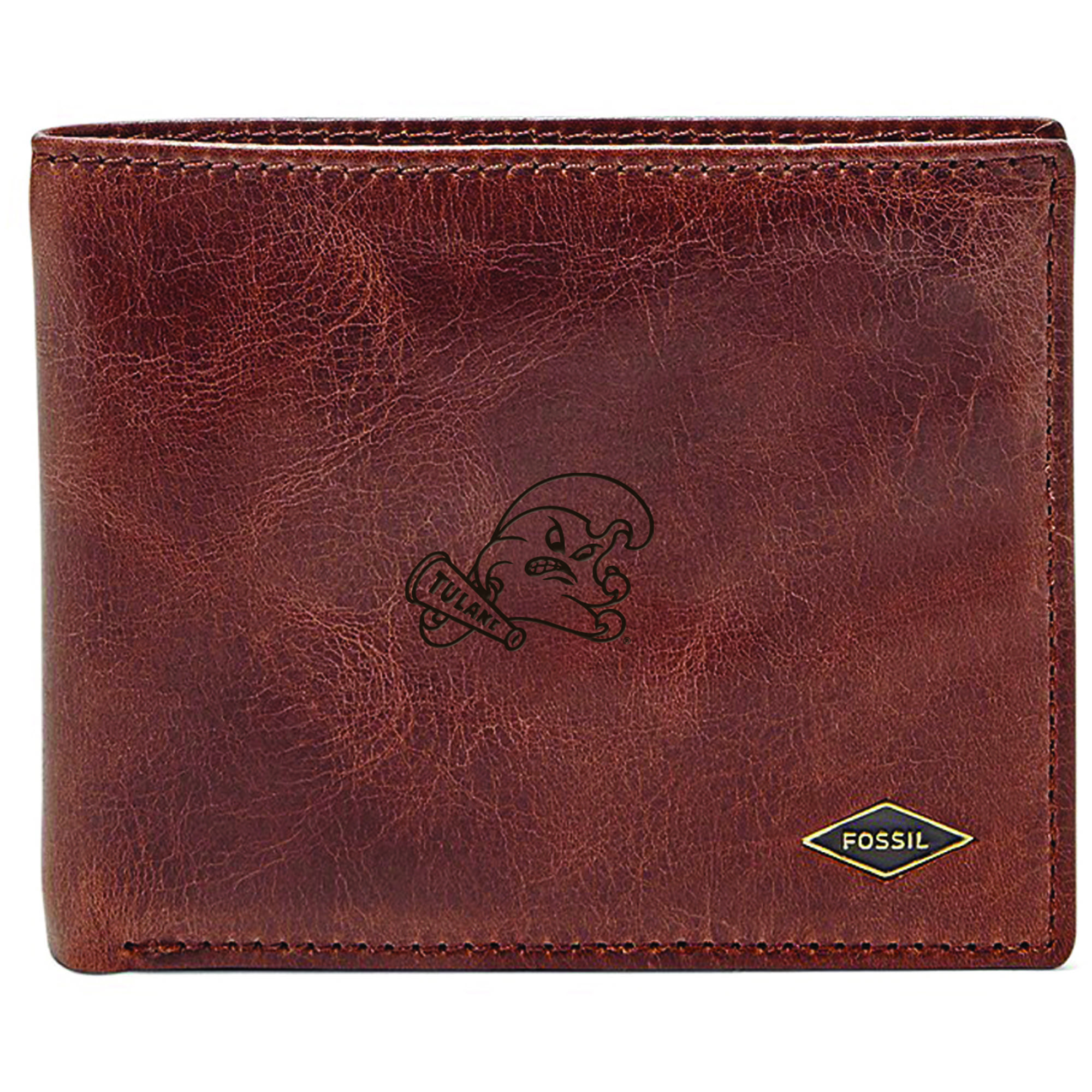 Men's Fossil Brown Tulane Green Wave Leather Ryan RFID Flip ID Bifold Wallet